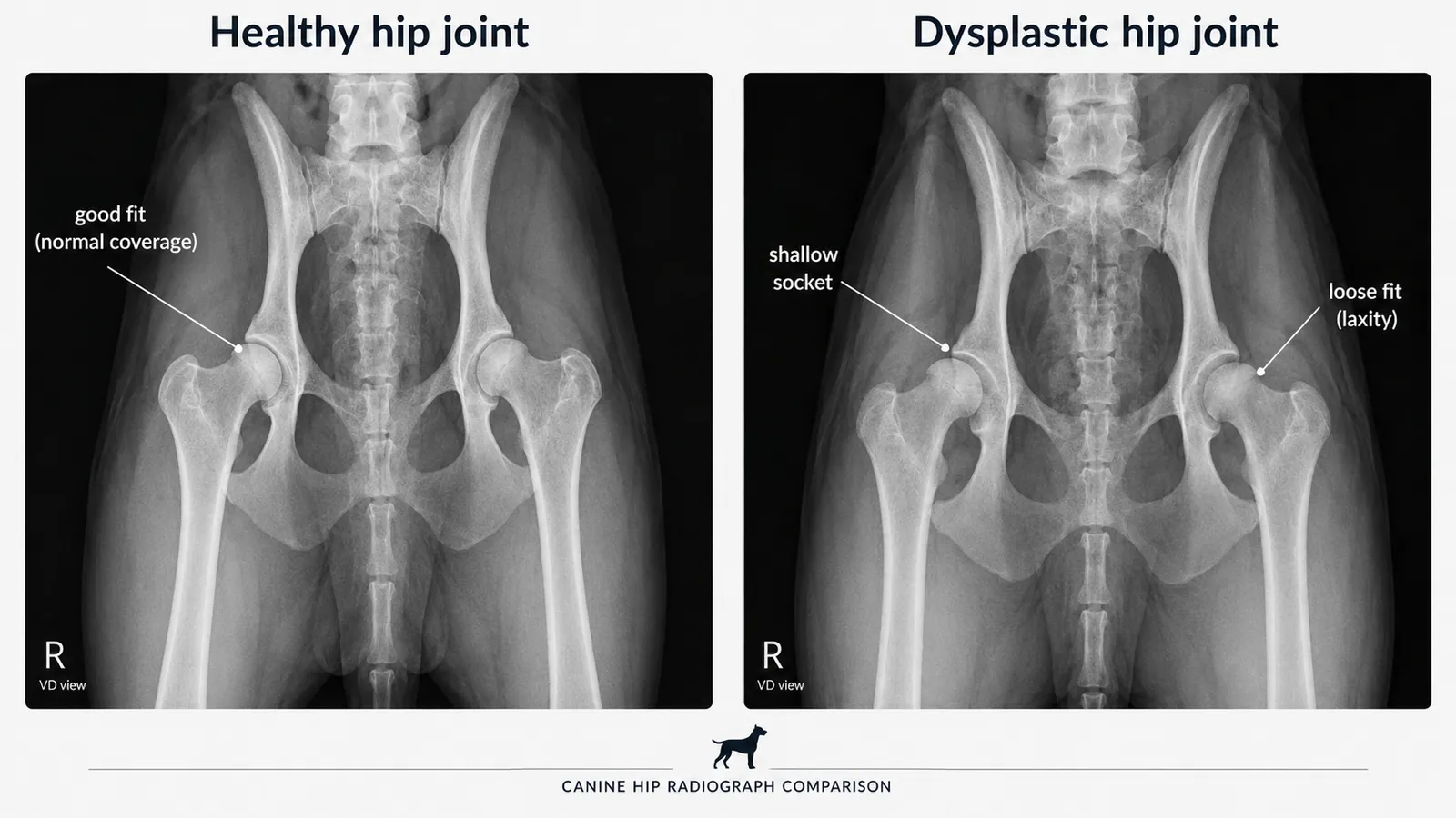 A real canine hip X-ray with simple annotations showing "healthy joint" vs. "dysplastic"