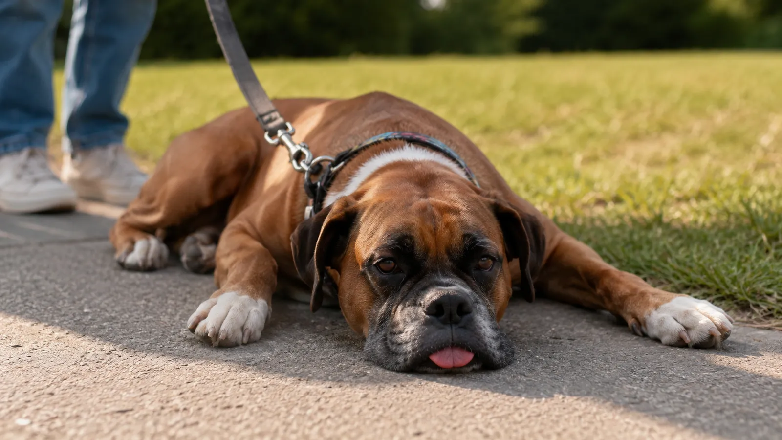 Dog lying down on grass looking exhausted after a short walk, a key early sign of heartworm
