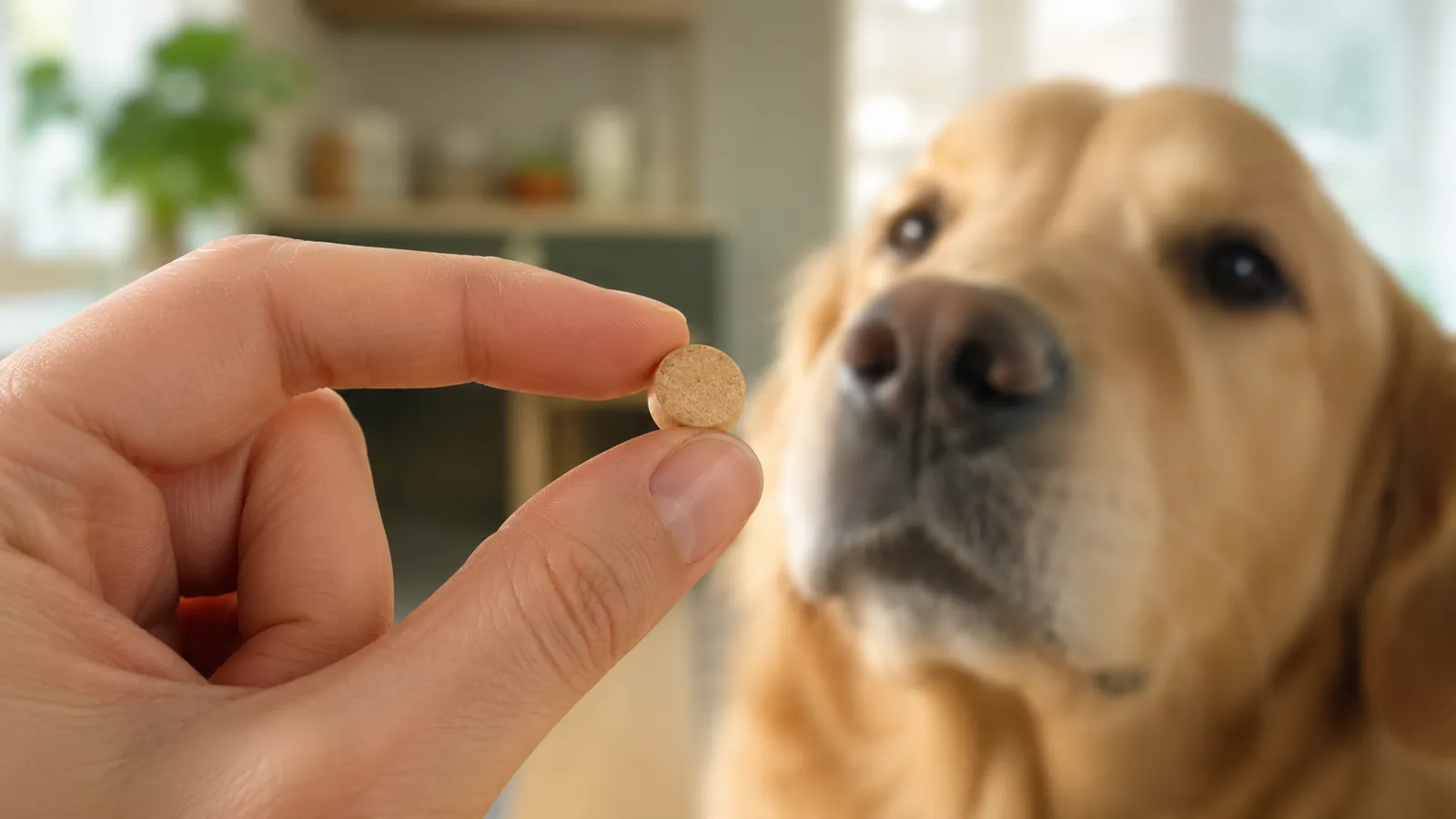 Owner hand holding a monthly chewable heartworm prevention tablet for a dog
