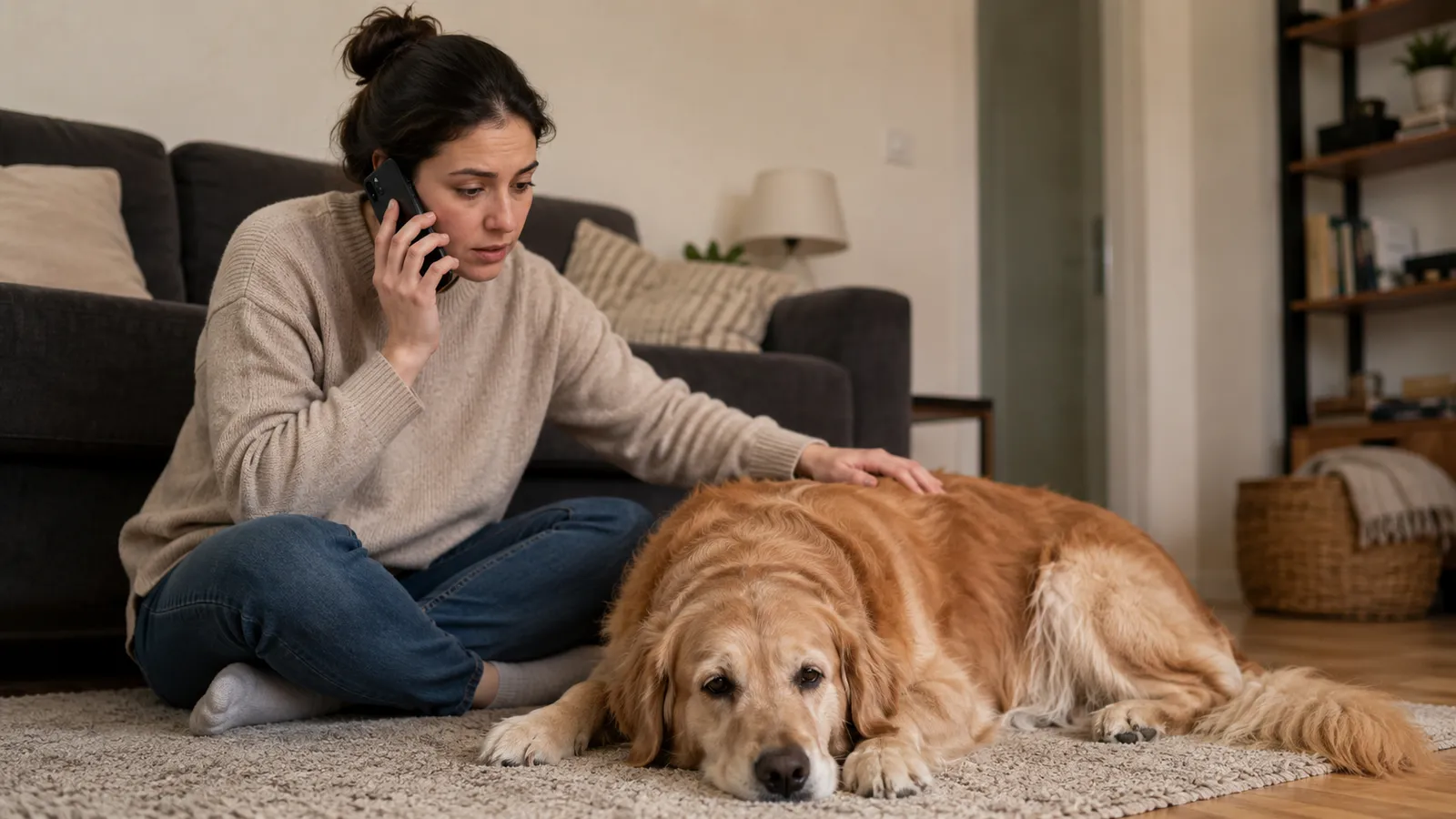Worried dog owner sitting on the floor next to their dog and calling the vet on the phone