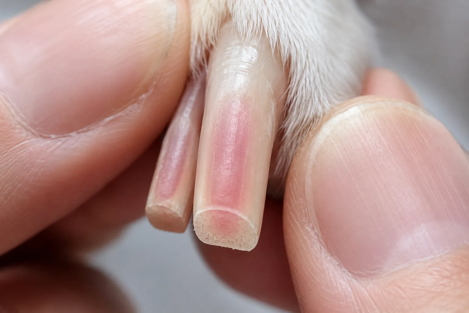 Extreme close-up of a dog's light-colored nail showing the pink quick visible through the translucent nail
