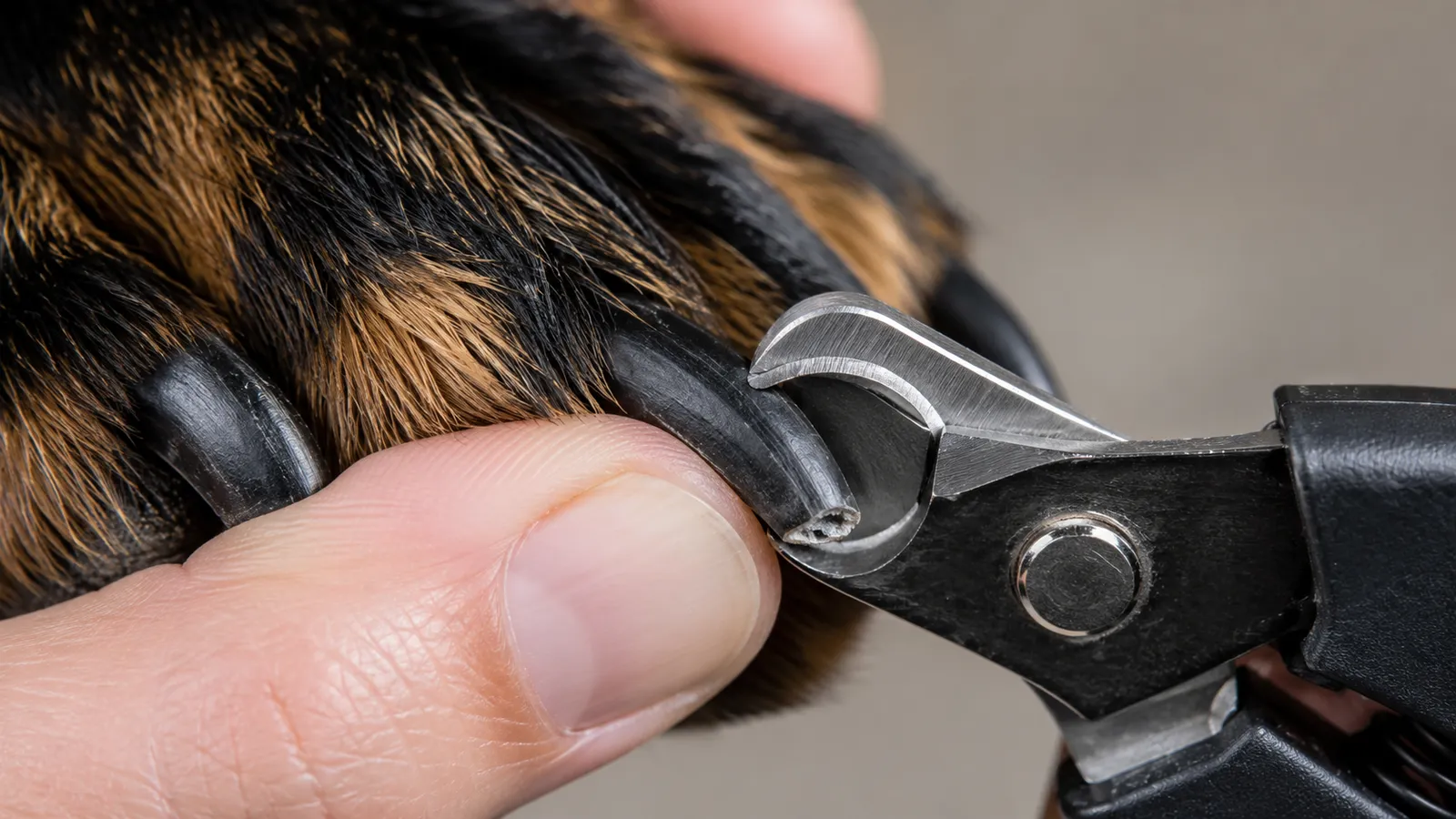 Close-up of dark black dog nails being trimmed in small increments, with the cut surface inspected after each slice
