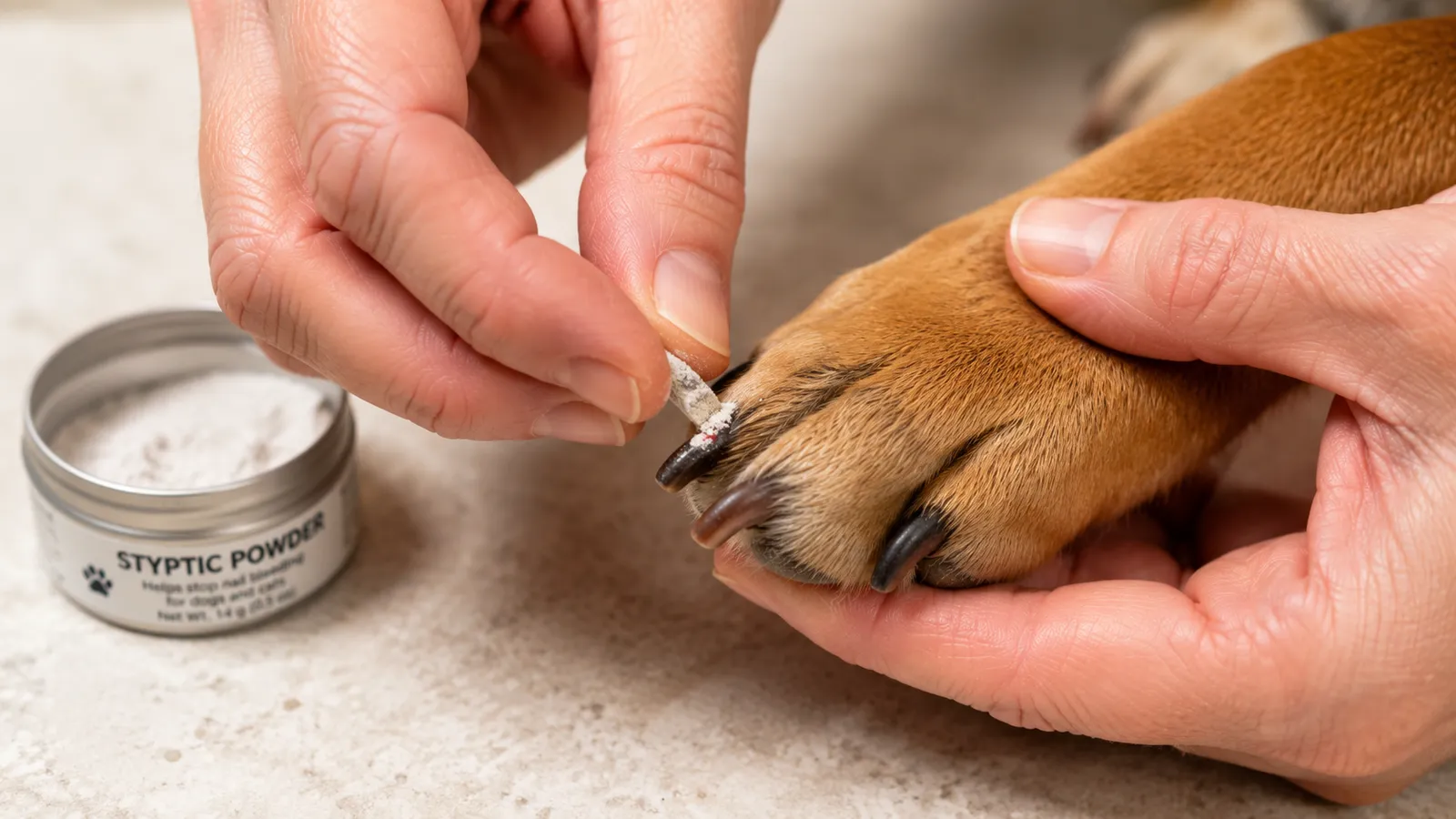 Owner applying styptic powder to a dog's nail tip to stop bleeding after cutting the quick
