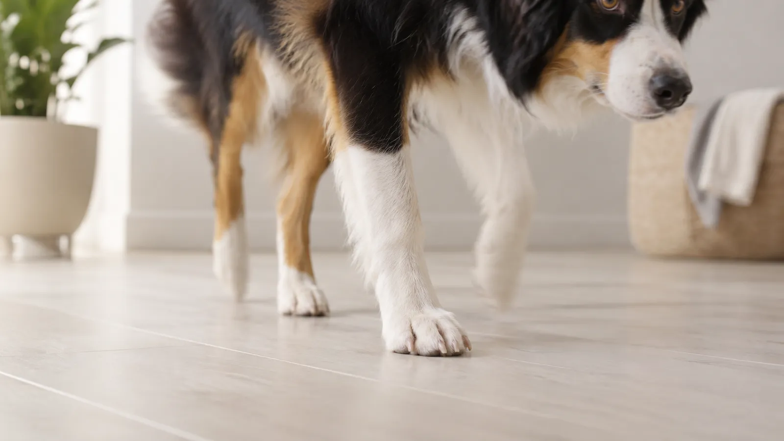 Dog walking confidently on a tile floor with nails at ideal length, not clicking or splaying the toes
