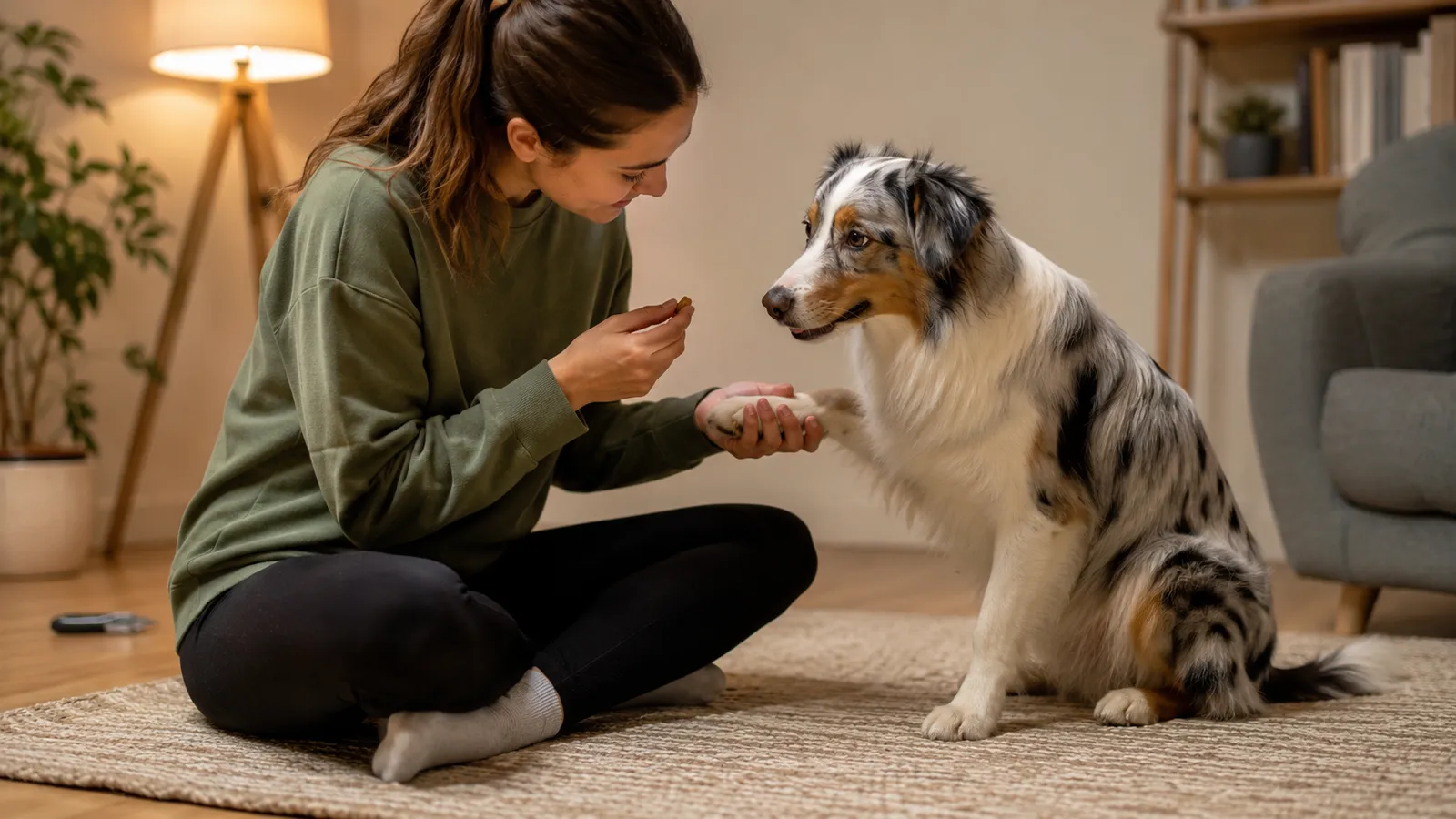 Owner gently touching a dog's paw and offering a treat during a calm desensitization training session
