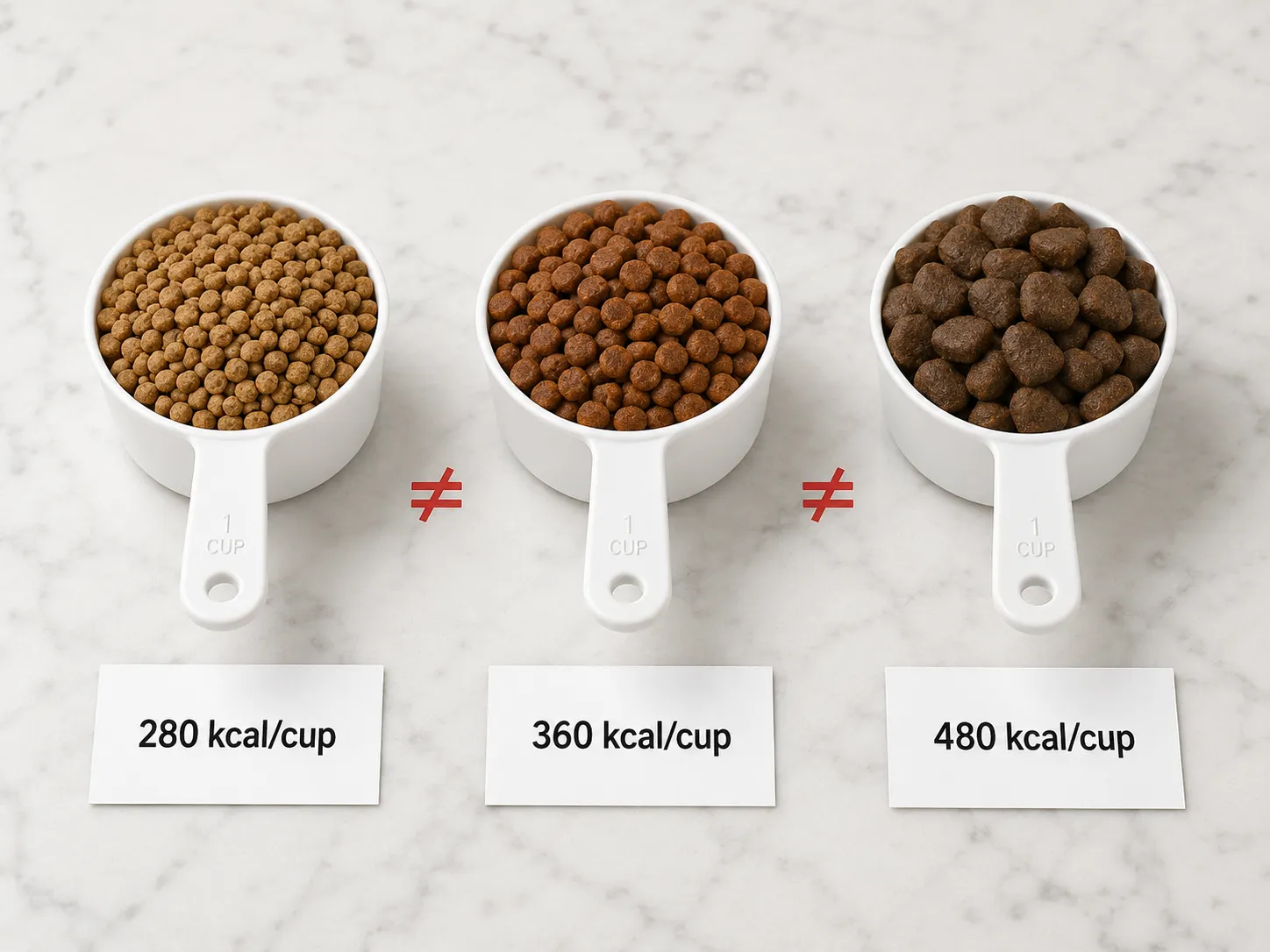 Three identical measuring cups of dry dog food side by side showing different calorie counts, 280, 360, and 480 kcal per cup, illustrating why cups alone are misleading
