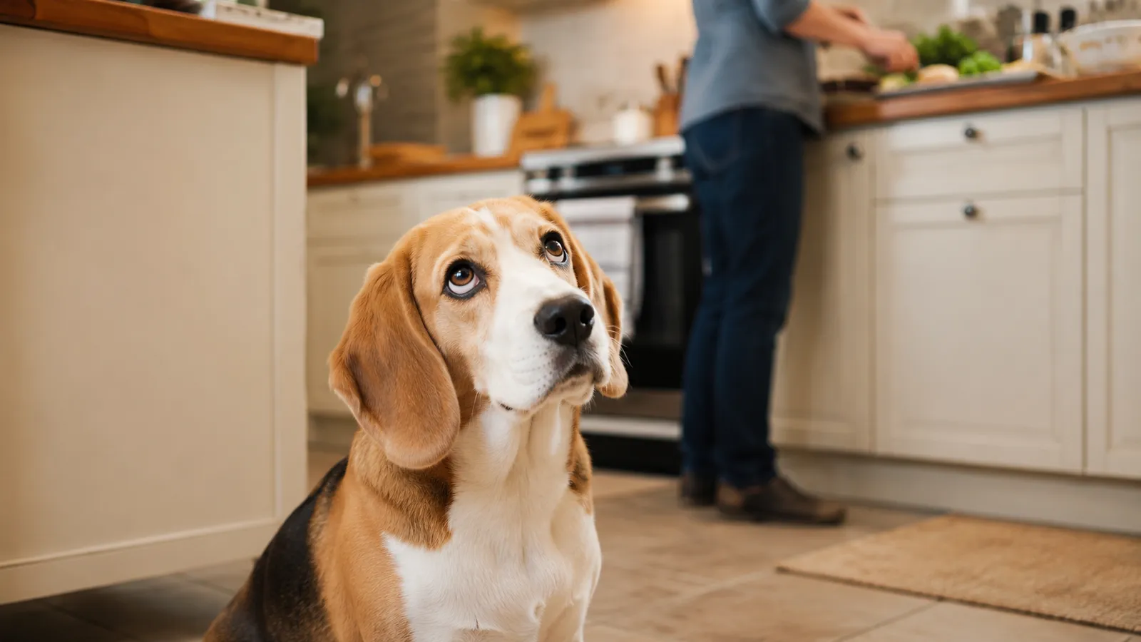 Well-fed dog begging with pleading eyes while owner prepares food in the kitchen, illustrating that begging does not always mean underfed