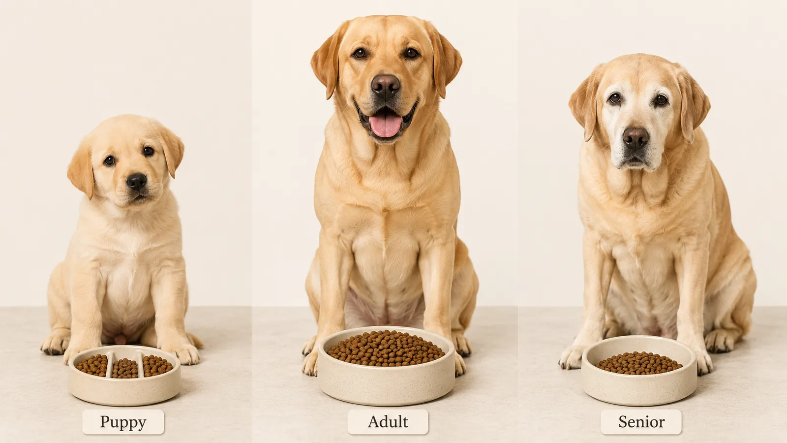 Three Labrador dogs at different life stages, puppy, adult, and senior, each with a different portion size in their food bowl, showing how calorie needs change with age