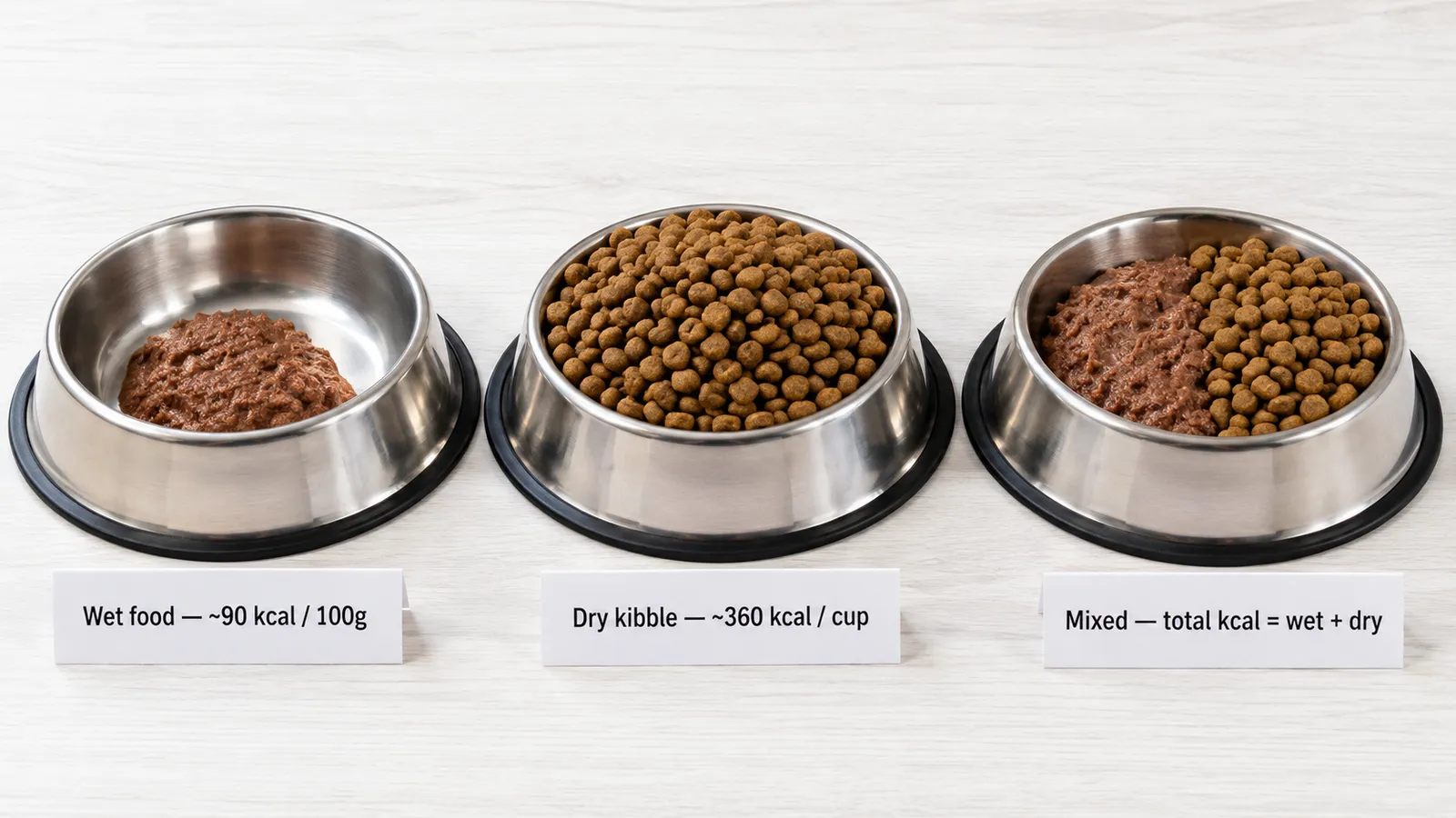 Three dog food bowls side by side showing wet food, dry kibble, and a mixed portion, with calorie density labels illustrating differences in energy per volume