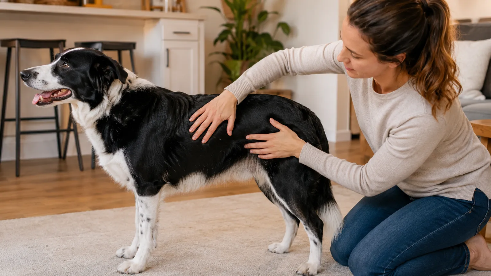 Owner gently pressing hands along a dog's ribcage to assess body condition score at home