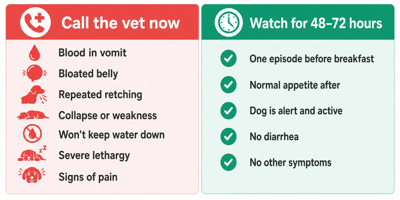 Two-column infographic comparing red flag symptoms that require urgent vet care versus signs that allow a watch-and-wait approach in dogs vomiting yellow bile
