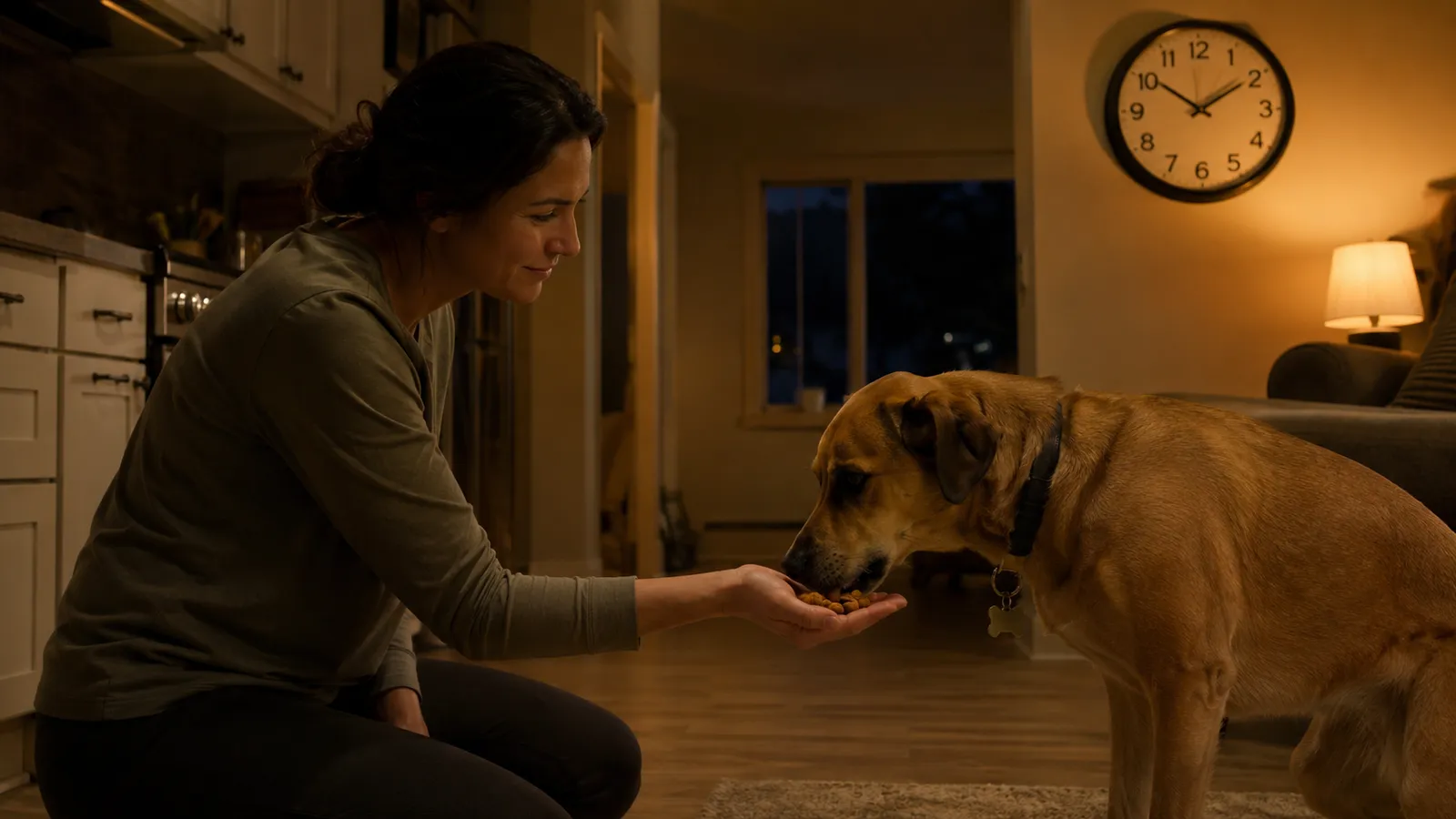 Owner offering a small kibble snack to a dog before bedtime to help prevent overnight empty-stomach bile vomiting