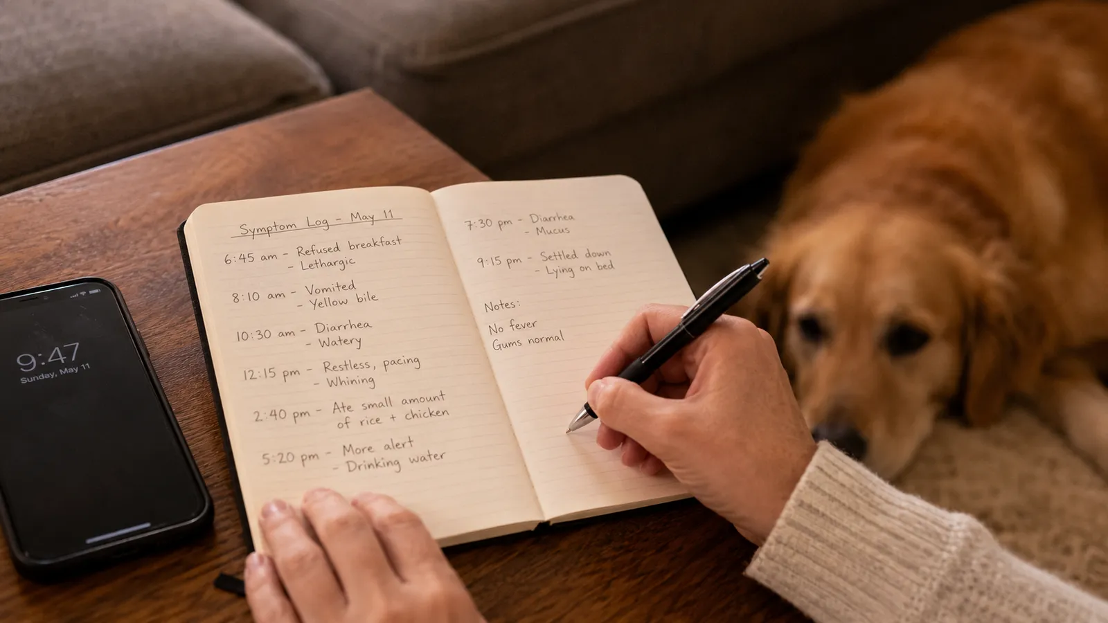 Dog owner writing down vomiting times and symptoms in a notebook to track the pattern before a vet appointment