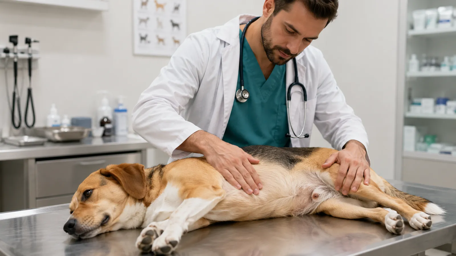 Veterinarian gently palpating a dog's abdomen during a clinical examination to check for pain or bloating related to vomiting
