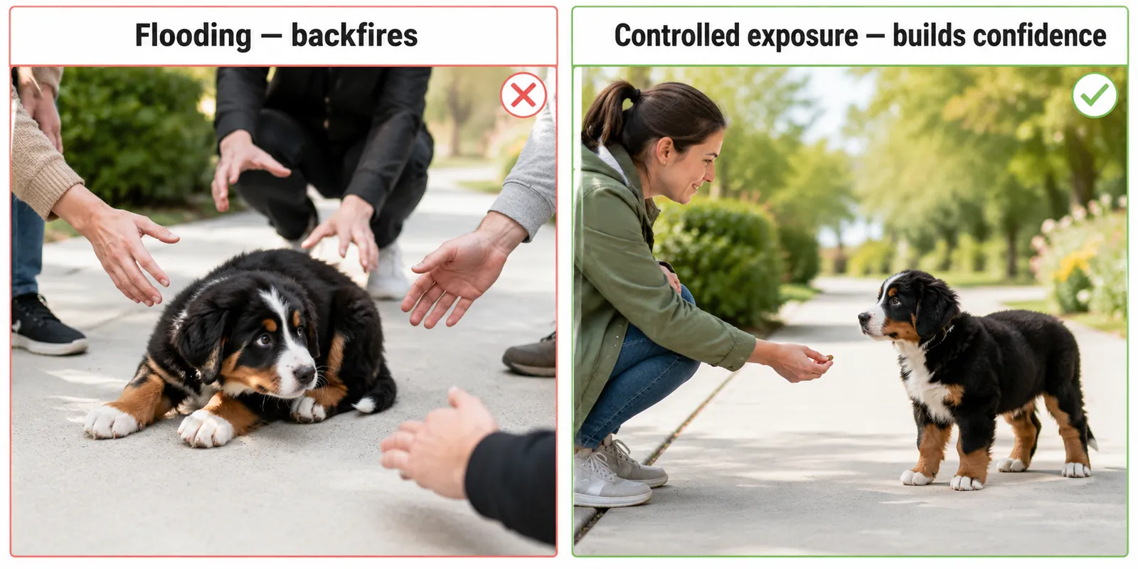 Side-by-side comparison showing a puppy overwhelmed by strangers reaching in (flooding) versus a puppy calmly observing from a safe distance with treats (controlled exposure)