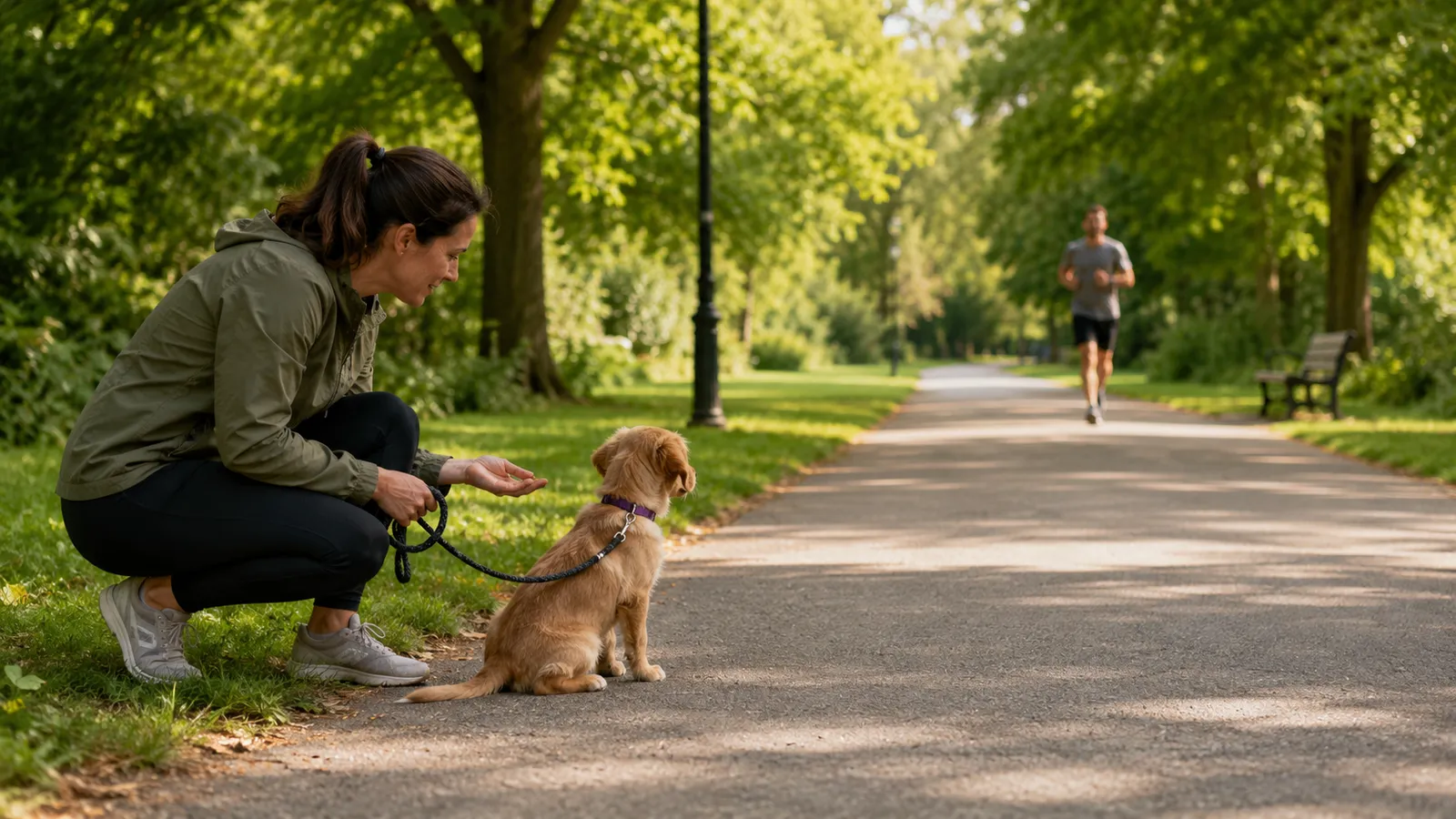 Owner giving a puppy a treat while it calmly watches a jogger pass at a safe distance, demonstrating controlled socialization before vaccines are complete