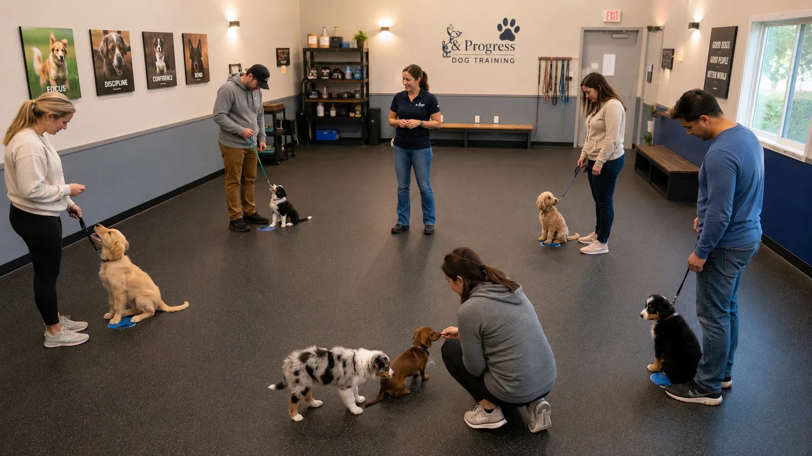 Small group of puppies in a well-run training class with a trainer supervising calm, controlled interactions and owners using treats for positive reinforcement