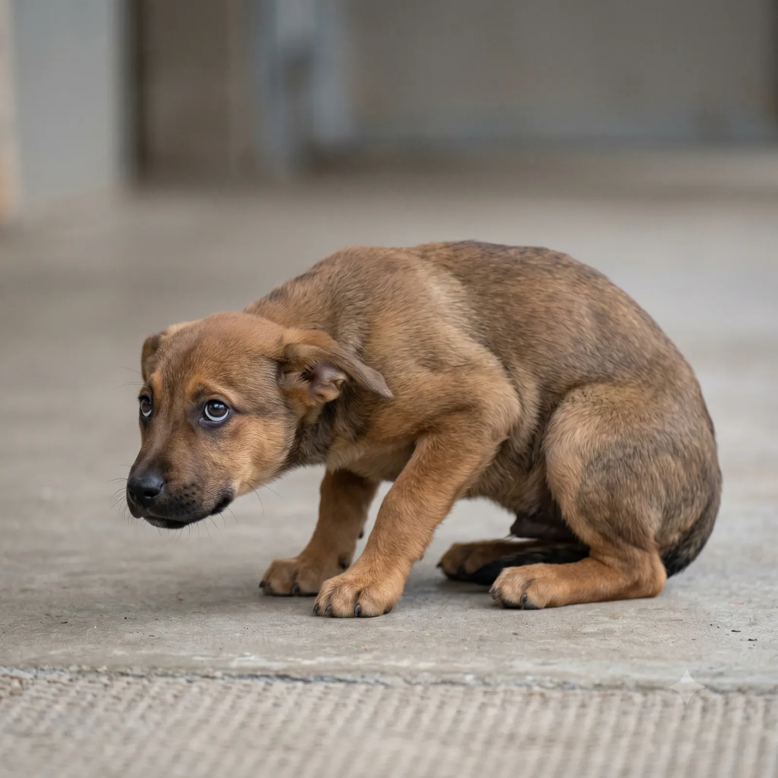 Puppy showing fear body language during socialization, crouched posture, tucked tail, and whale eye, warning signs that the experience is too much