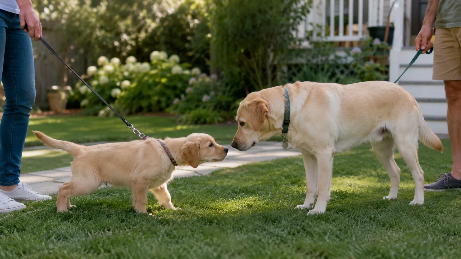 Young puppy greeting a calm, larger adult dog in a controlled one-on-one meeting in a clean backyard, showing safe pre-vaccination socialization