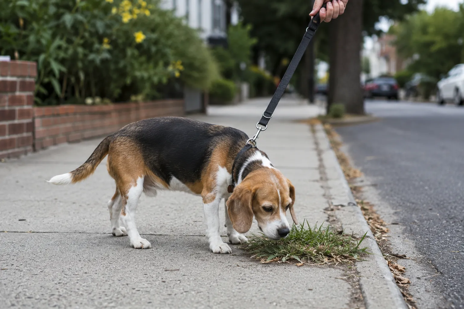 Bored beagle on a leash sniffing and chewing grass during a slow walk on a sidewalk