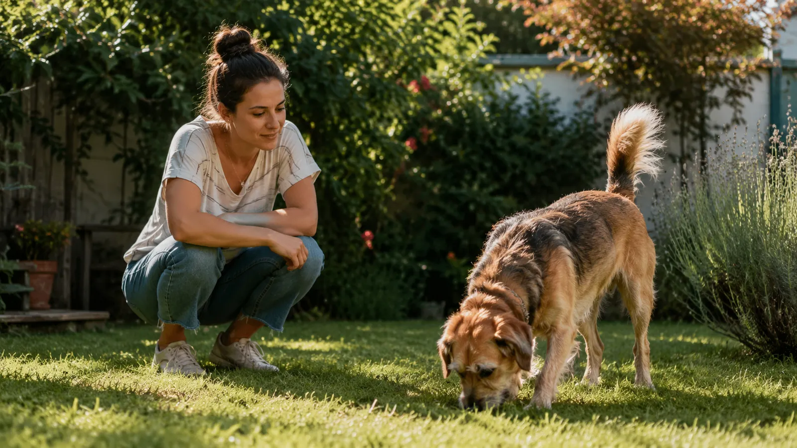Woman crouching in a backyard calmly watching her dog sniff the grass, observing its behavior
