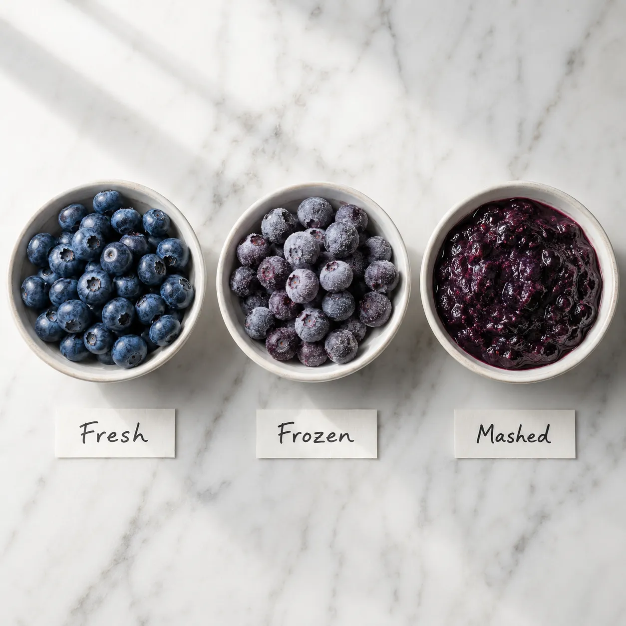 Three bowls showing fresh whole blueberries, frozen blueberries, and mashed blueberry puree as dog treat options