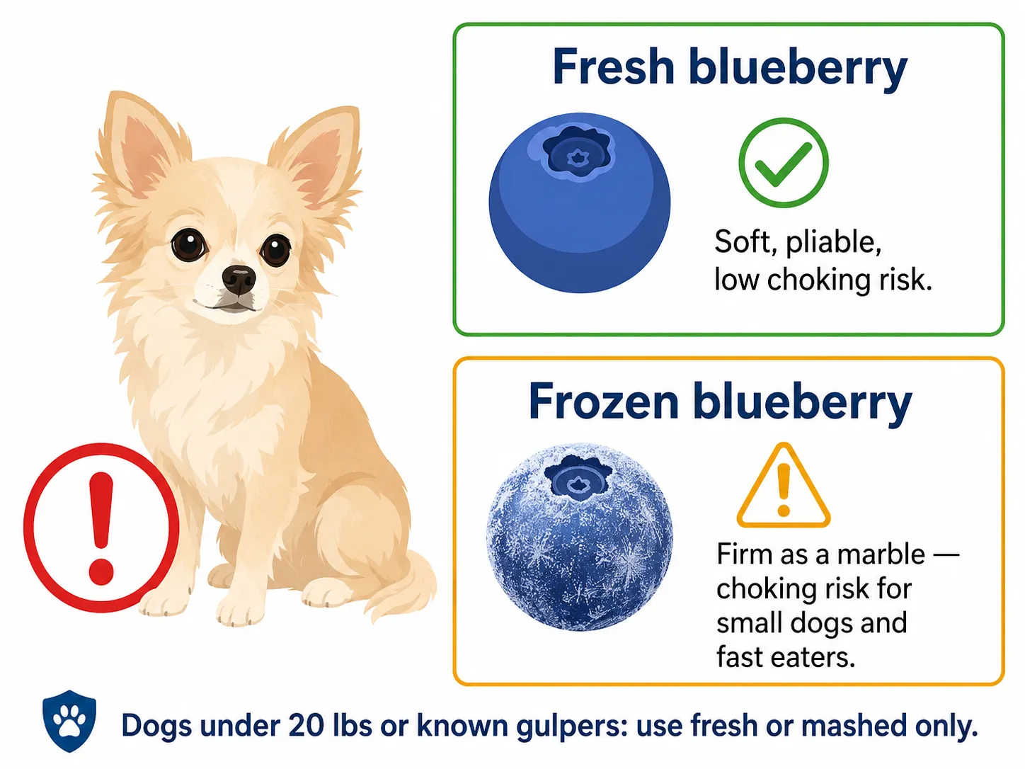 Warning infographic showing frozen blueberries are a choking hazard for small dogs and fast eaters