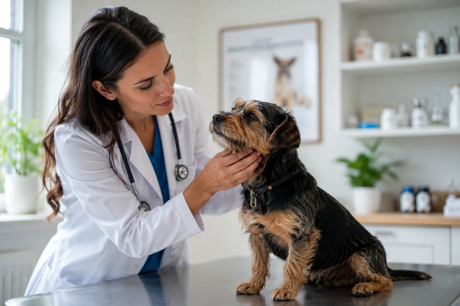Veterinarian in white coat gently examining a small dog on a clinic table during a checkup