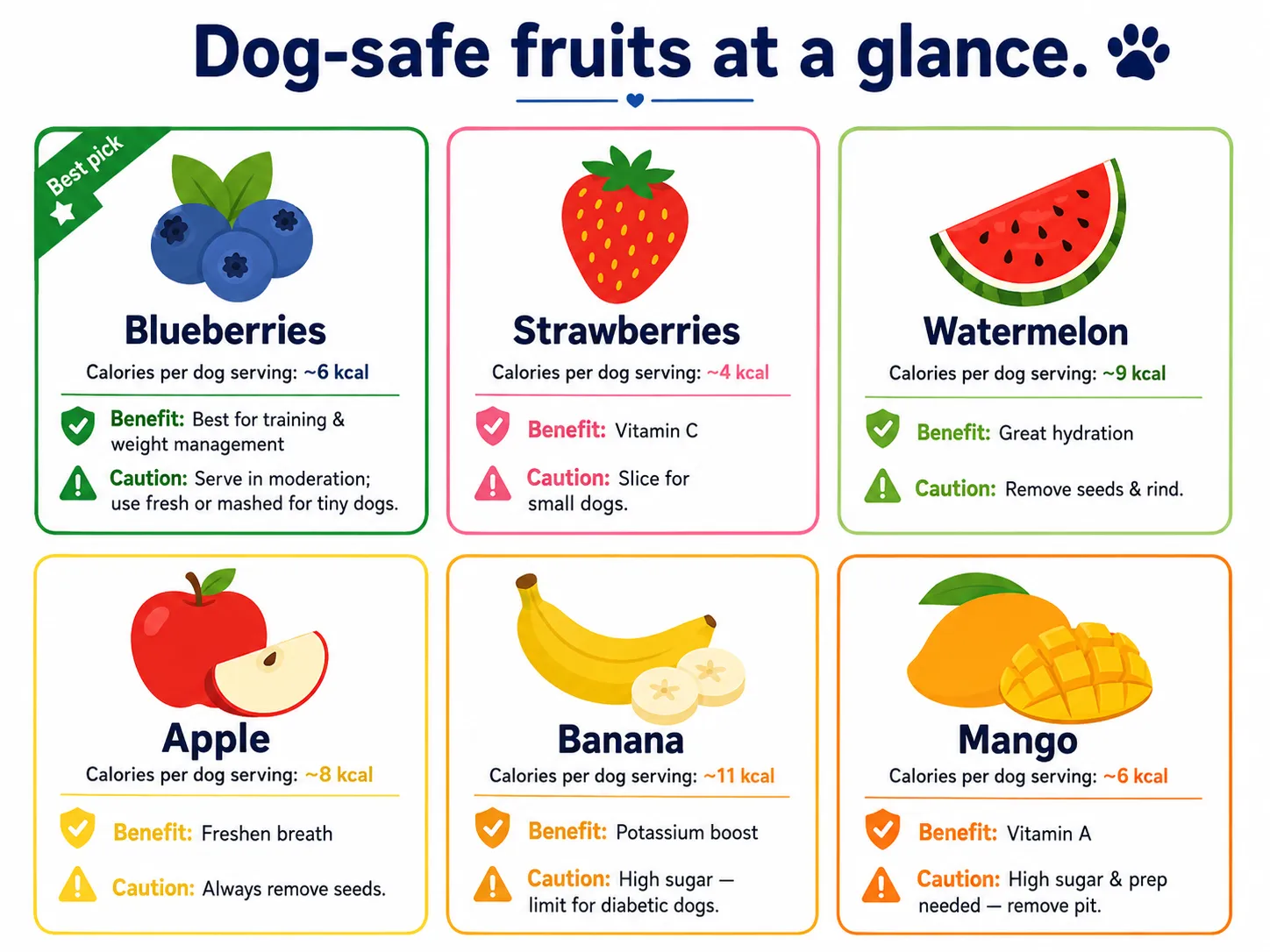 Infographic comparing six dog-safe fruits including blueberries, strawberries, watermelon, apple, banana, and mango
