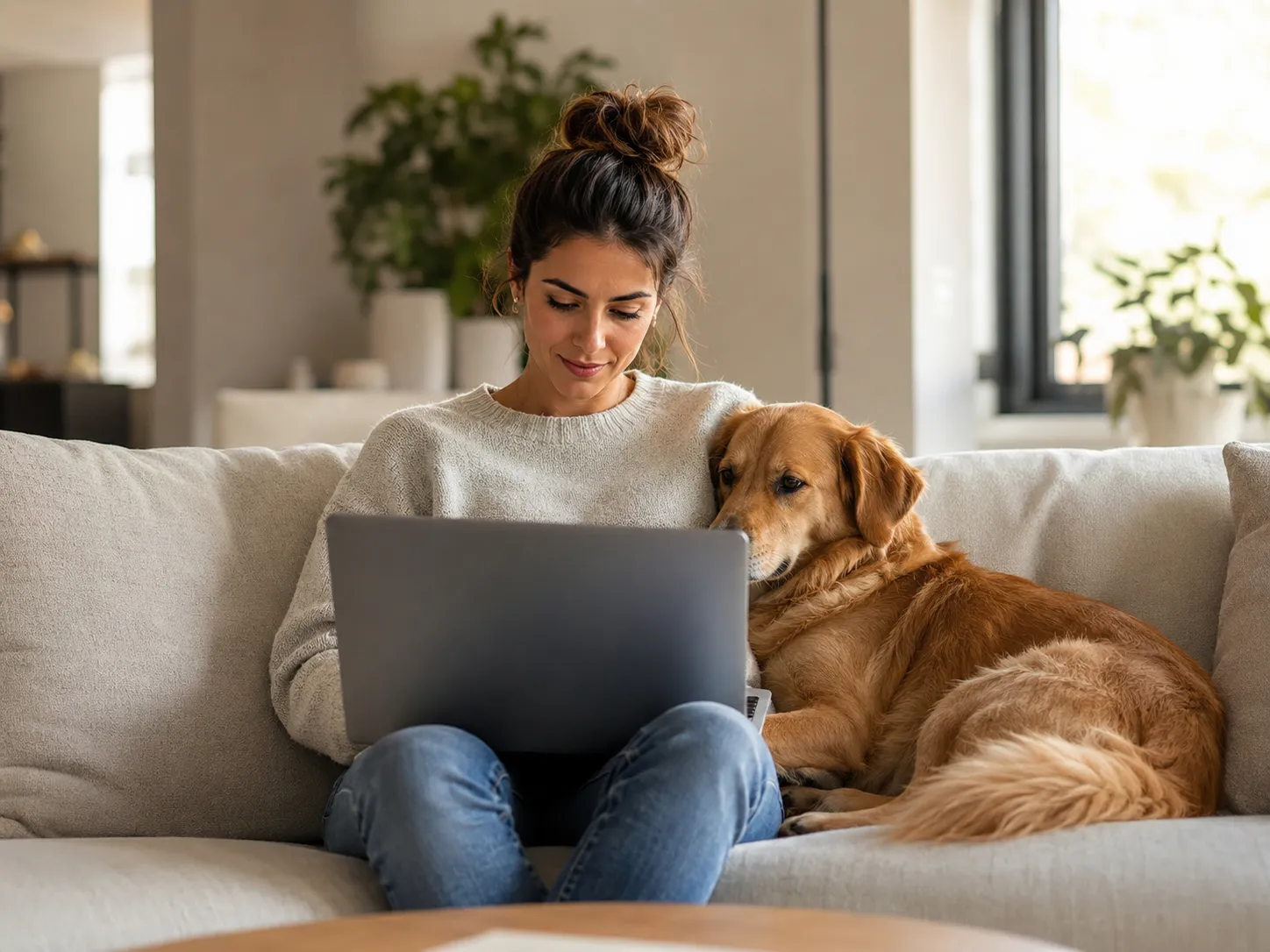 Dog owner sitting on a couch with a laptop researching dog nutrition while their dog sits beside them