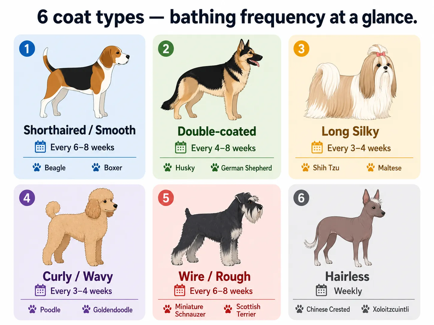 Infographic showing six dog coat types with breed examples: shorthaired, double-coated, long silky, curly, wire, and hairless