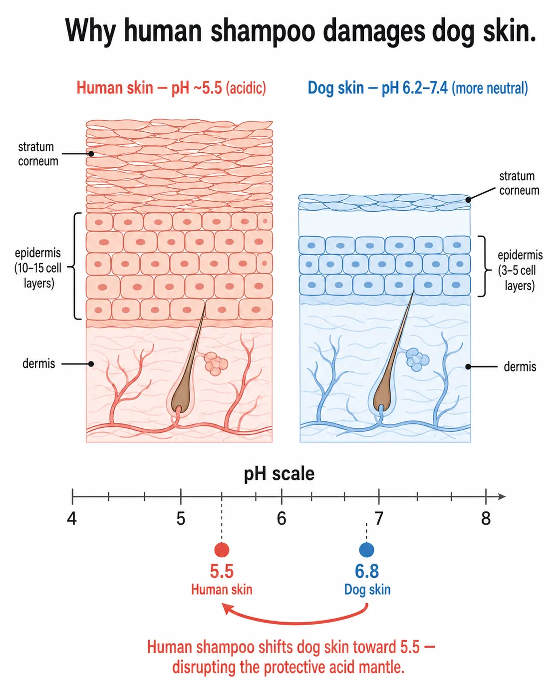 Scientific infographic comparing dog skin pH 6.2 to 7.4 versus human skin pH 5.5 and explaining why human shampoo damages dog skin