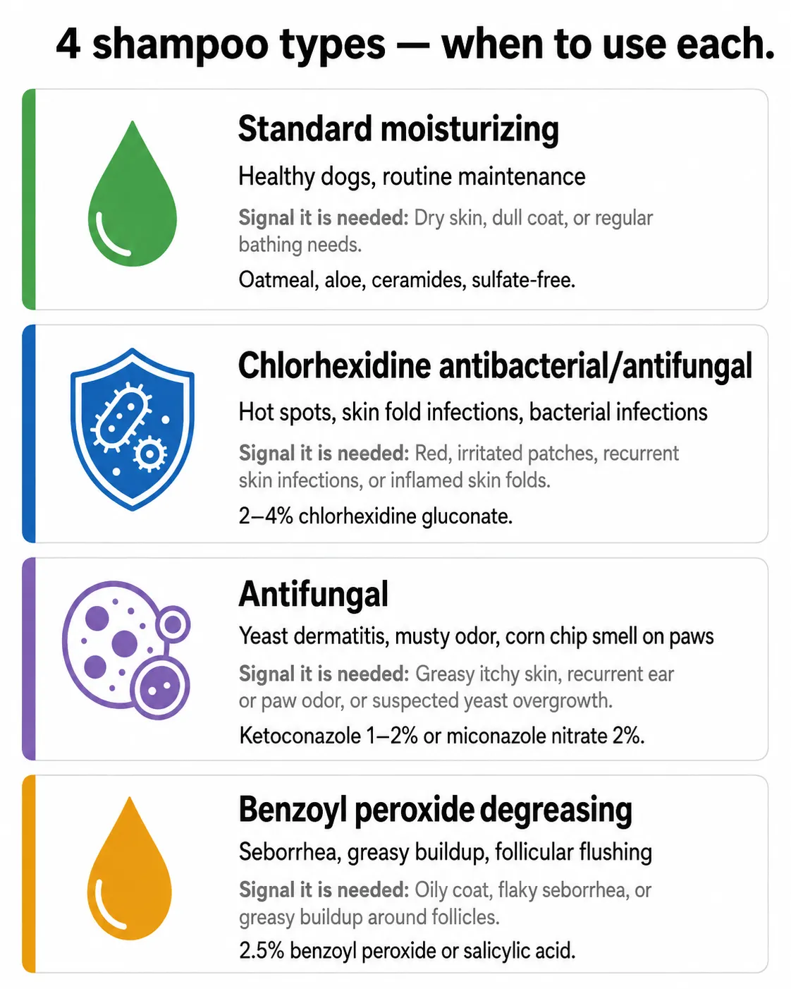 Infographic comparing four types of medicated dog shampoo: moisturizing, chlorhexidine, antifungal, and benzoyl peroxide with use cases