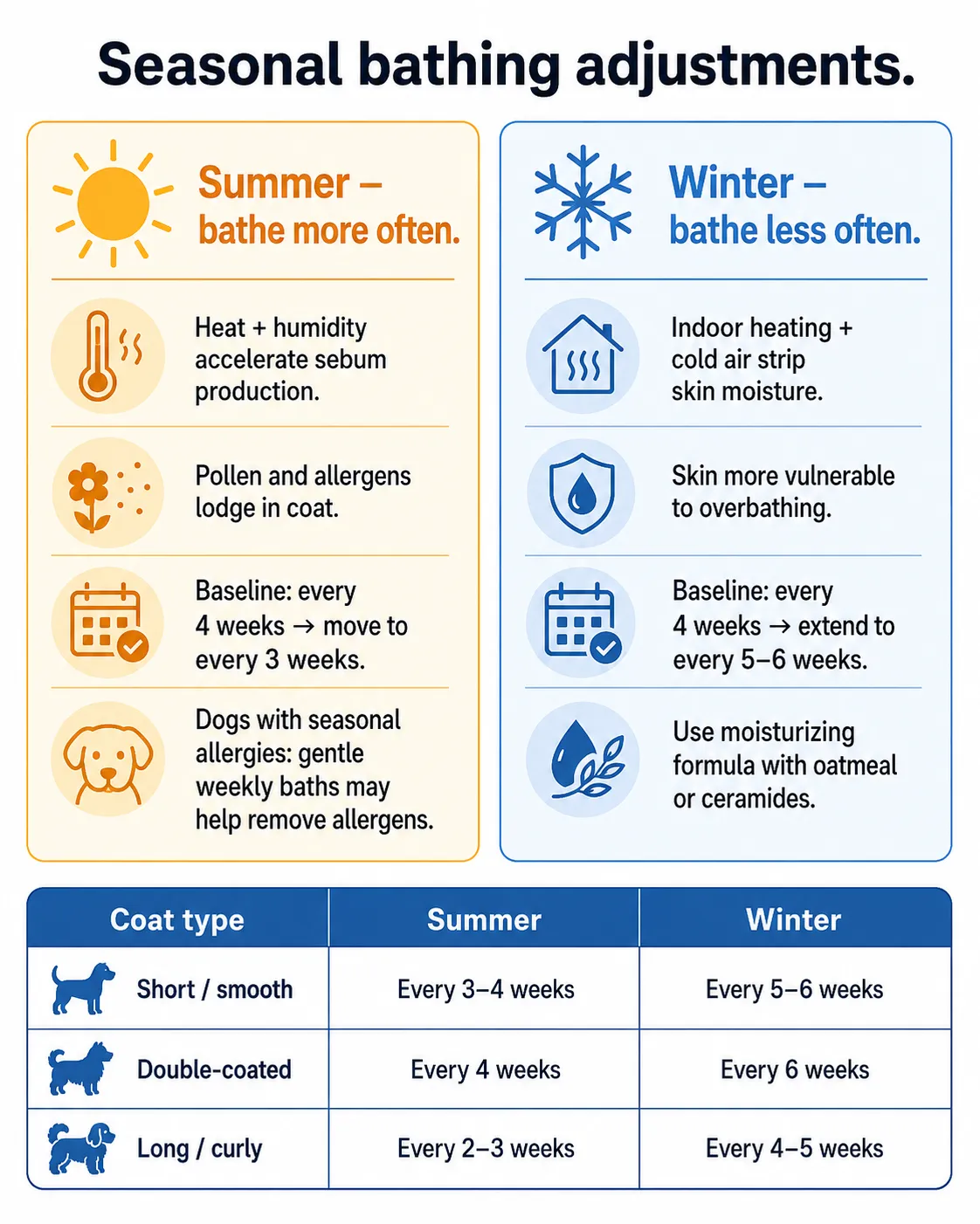 Split infographic comparing dog bathing frequency in summer versus winter with seasonal adjustment guidelines