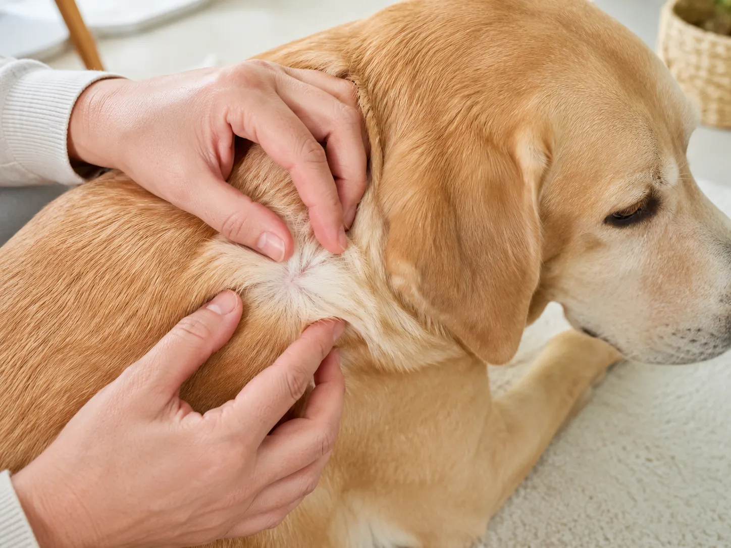 Dog owner gently parting a dog's fur to inspect the skin and coat for signs of dryness or irritation