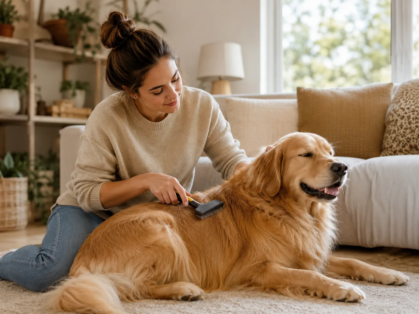 Person brushing a golden retriever's coat at home on a sunny afternoon using a deshedding brush