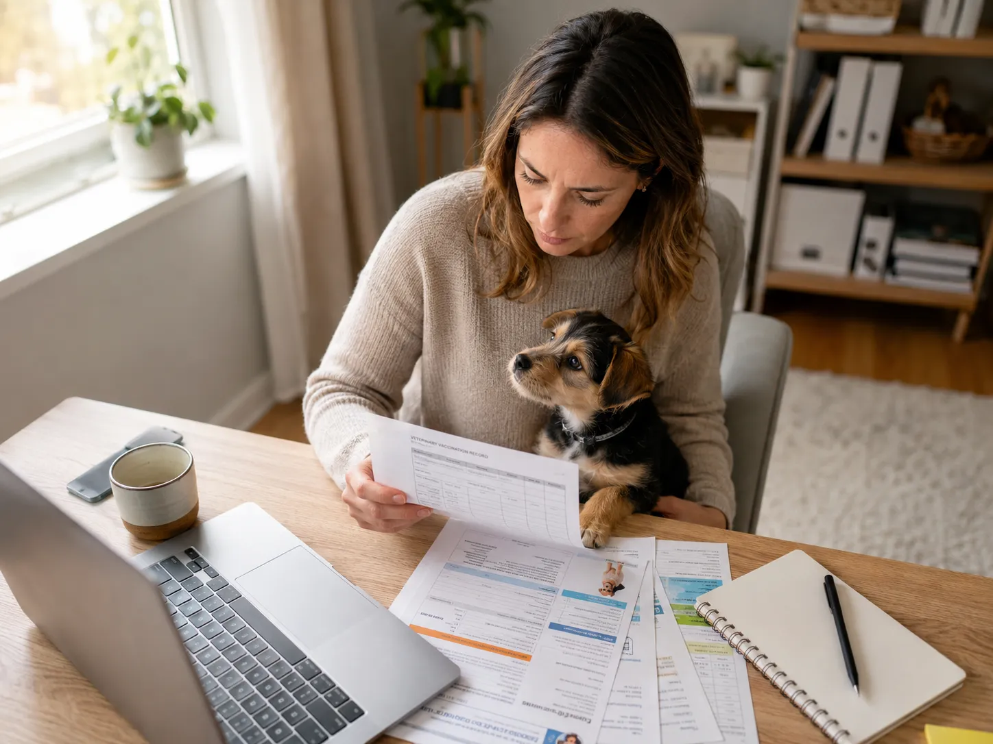 Person reviewing incomplete puppy vaccination paperwork at a desk with a puppy sitting beside them