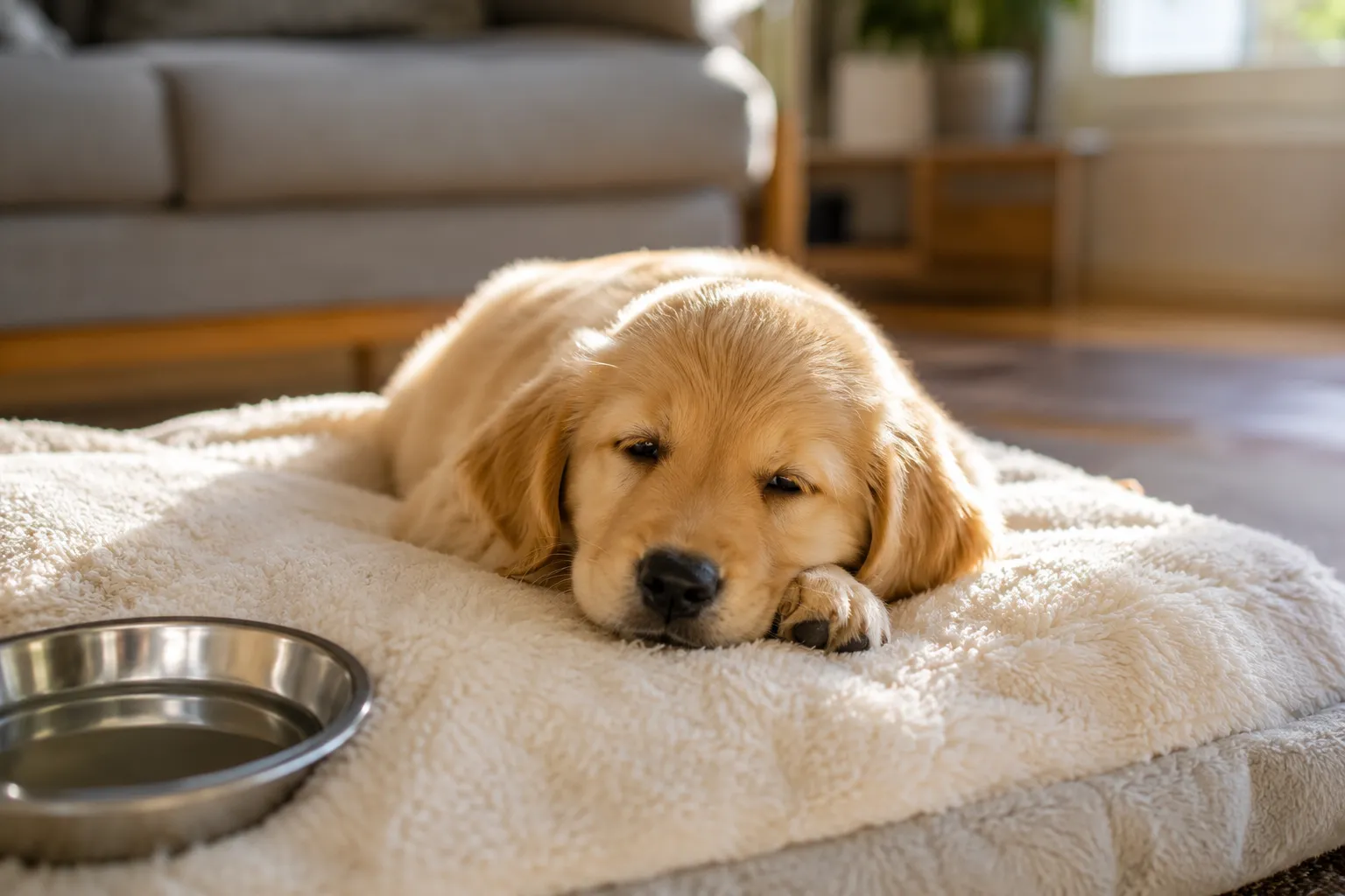 Small puppy resting quietly on a soft blanket at home after a vaccination appointment, looking sleepy but comfortable