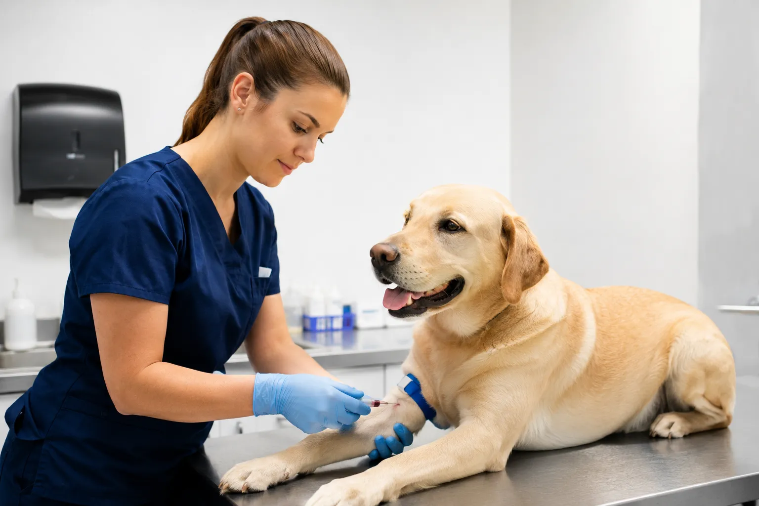 Veterinary technician performing a blood draw on a calm dog for a titer test in a clean clinic setting
