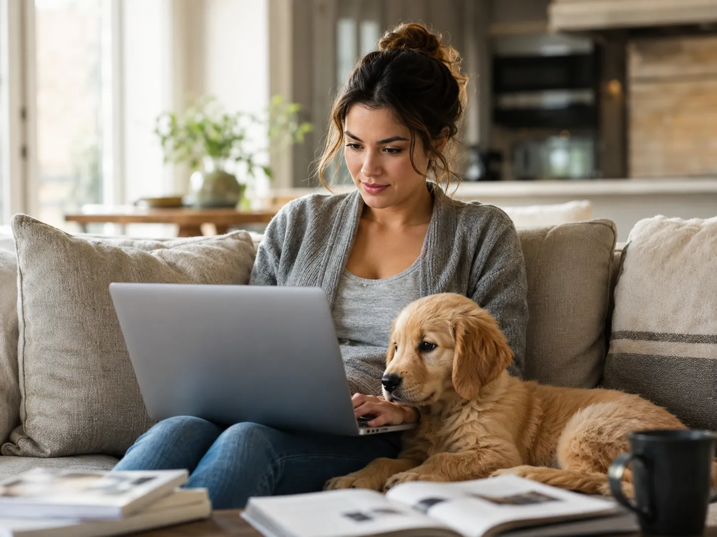 Young woman sitting on a couch with a laptop researching puppy vaccination information while a Golden Retriever puppy sits beside her