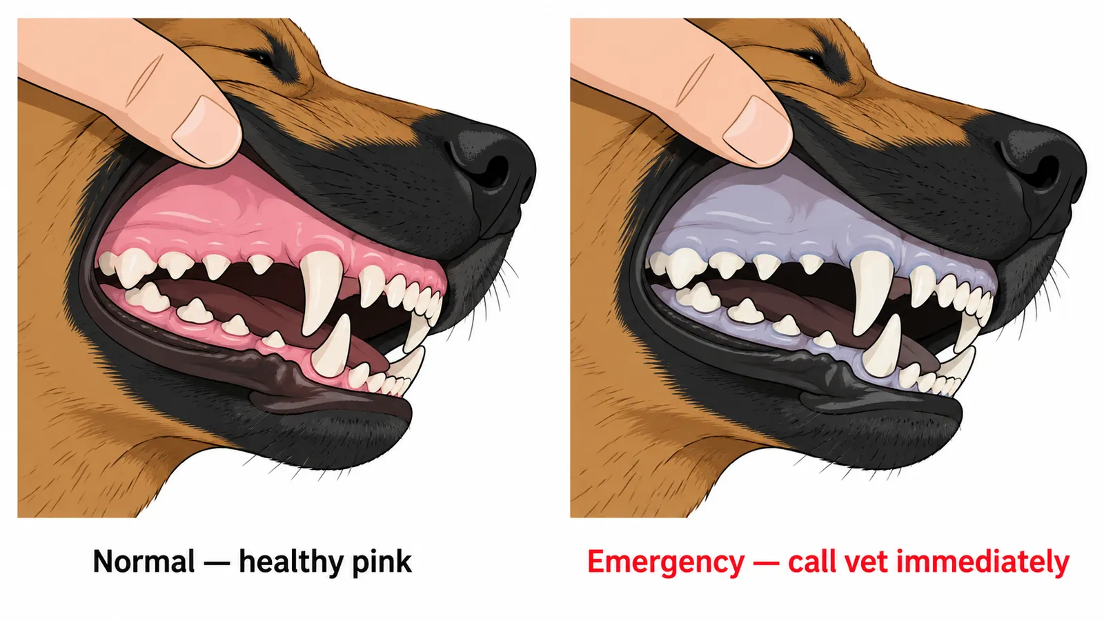 Side-by-side comparison of a dog's gum color: healthy pink gums on the left labeled "normal" and pale bluish-gray gums on the right labeled "emergency, call vet now"
