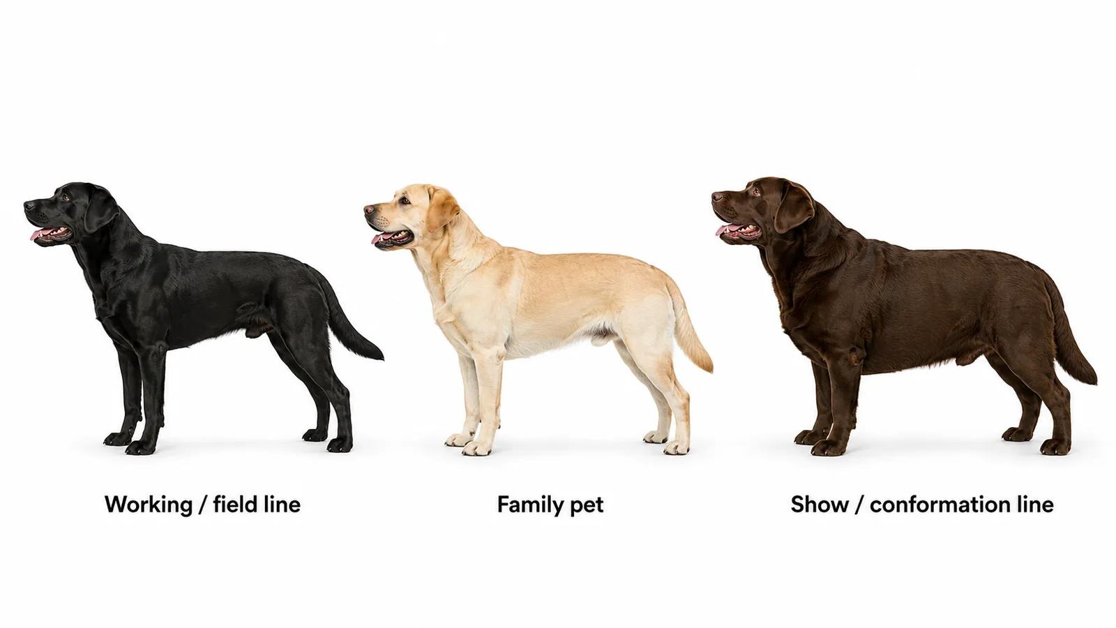 Three Labrador Retrievers showing body type differences between lean working line, family pet, and heavier show line