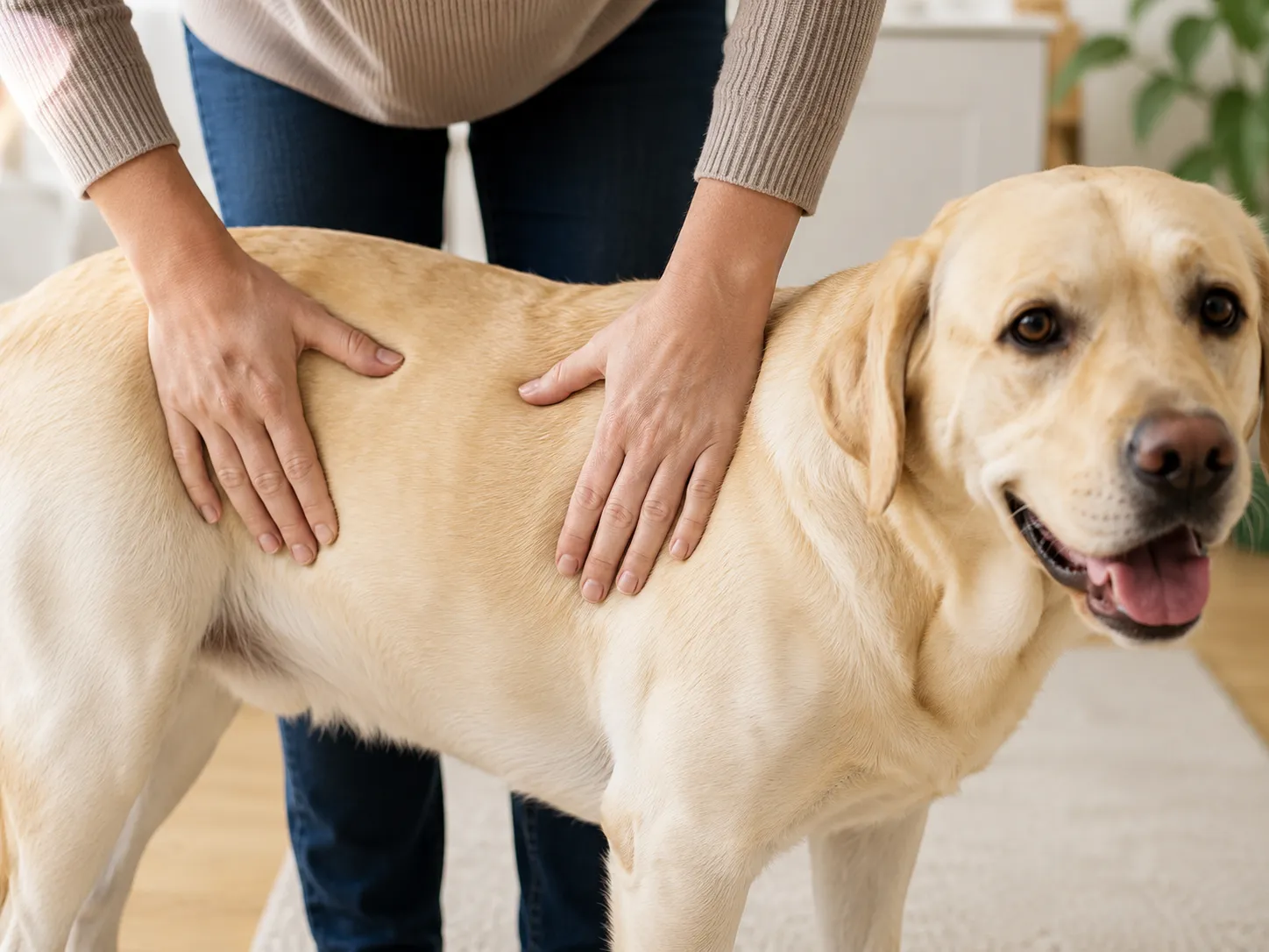 Person placing both hands flat on a Labrador's ribcage to check body condition score with light pressure