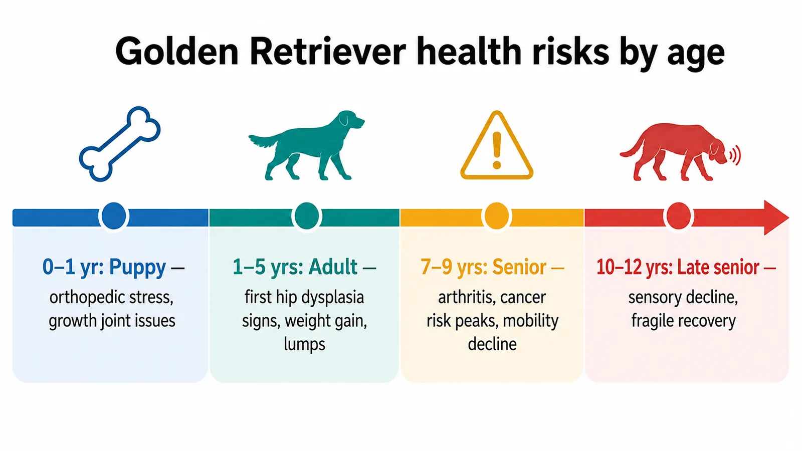 Timeline infographic showing Golden Retriever health risks by age: joint issues, cancer risk, and senior decline stages