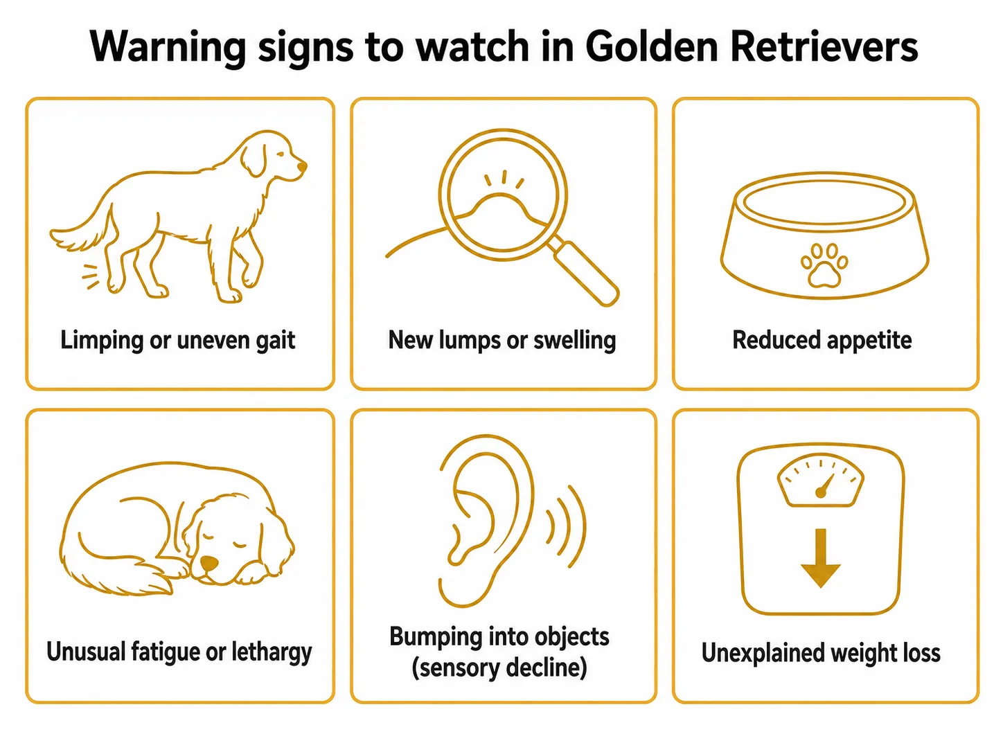 Illustrated reference card showing common Golden Retriever health warning signs including limping, lumps, and appetite loss