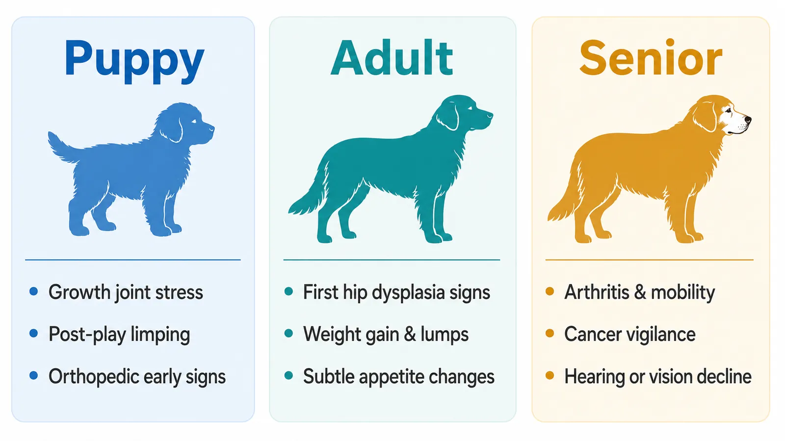 Three-column diagram comparing Golden Retriever health watch points at puppy, adult, and senior life stages
