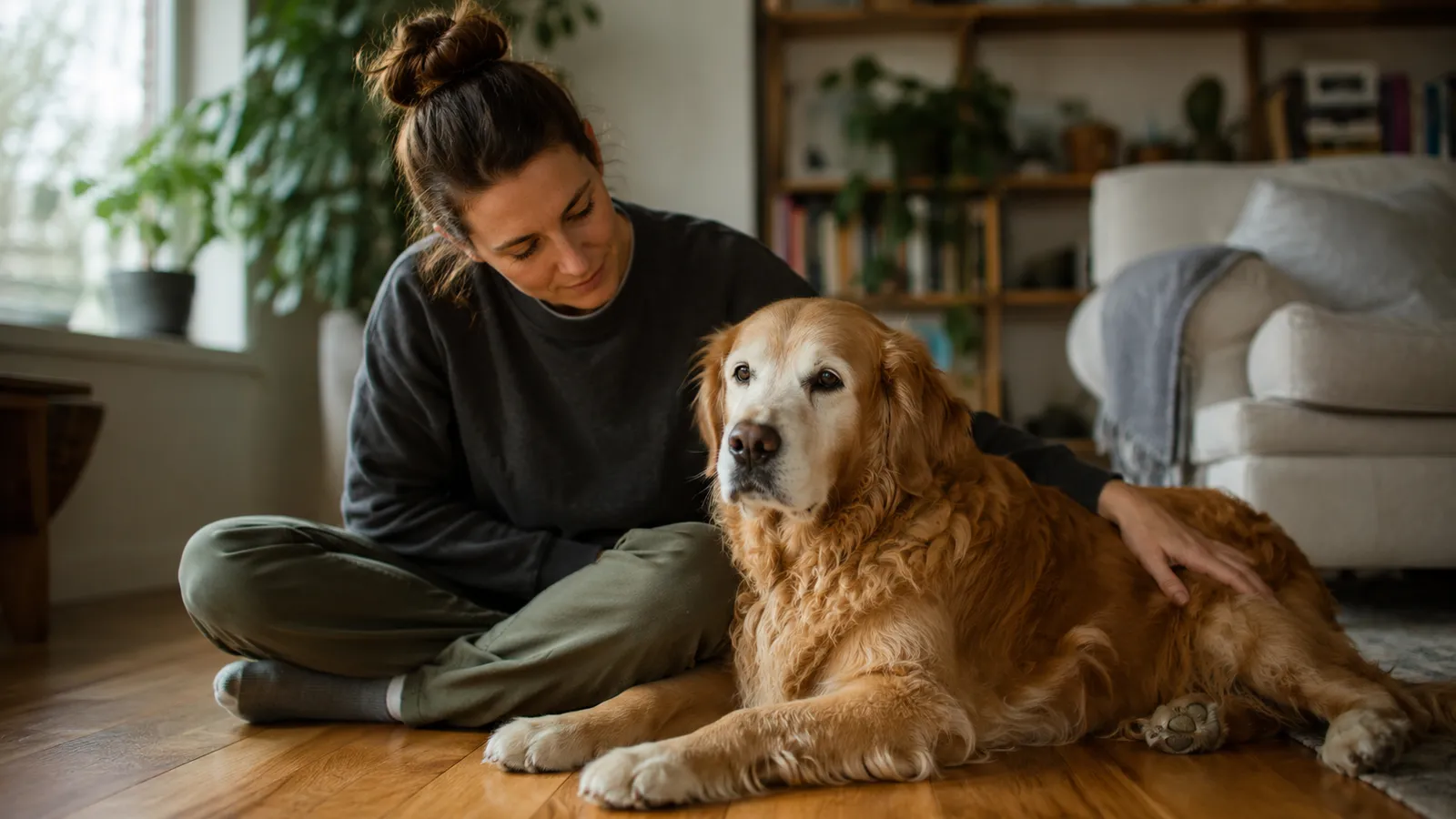 Person sitting on the floor with a senior Golden Retriever, gently checking the dog's side in a warm home setting