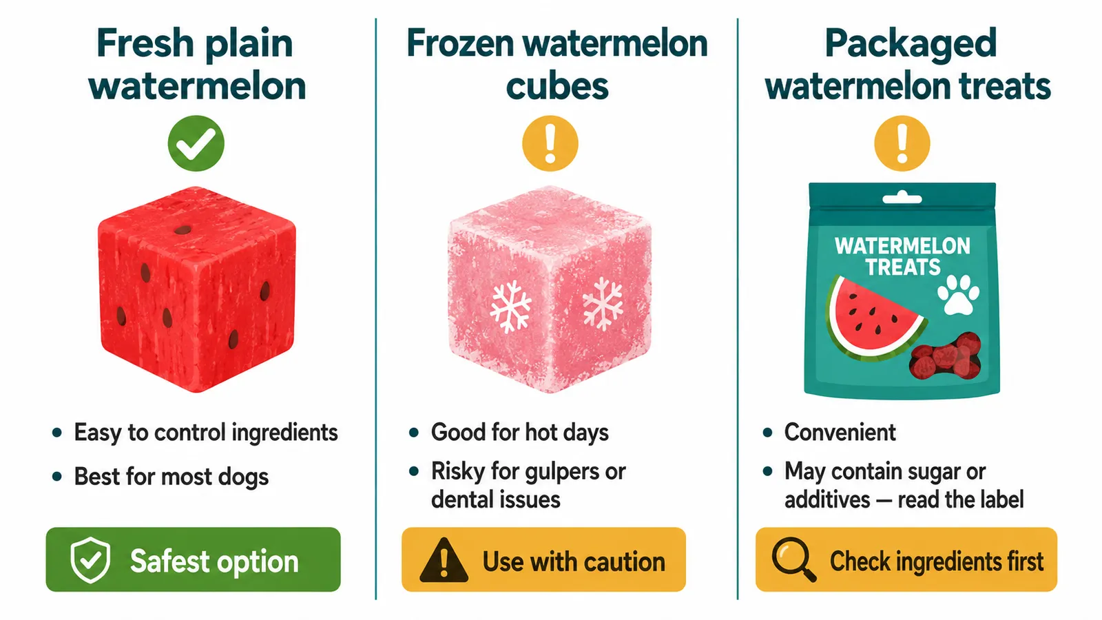 Side-by-side comparison of fresh watermelon, frozen watermelon cubes, and packaged dog treats showing safety differences