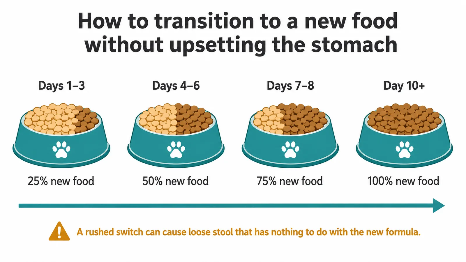 Infographic showing a 7-to-10-day dog food transition schedule with old and new food ratios to avoid sensitive stomach upset