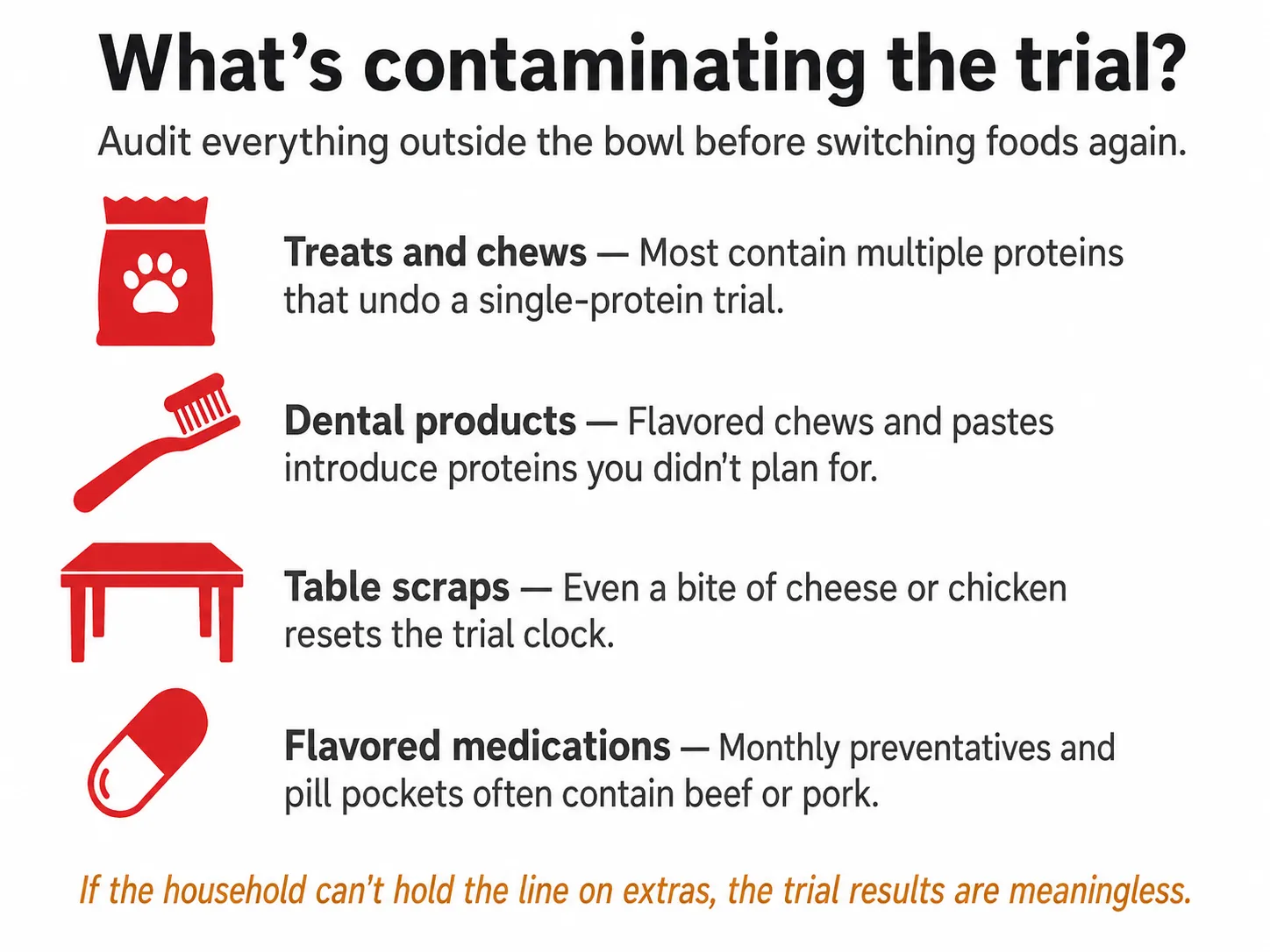 Checklist infographic showing hidden food trial contaminants for dogs: treats, dental chews, table scraps, and flavored medications